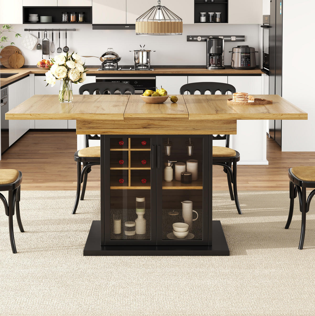 ESSTISCH 110-140/80/76 cm in Schwarz aus MDF mit Weinregal und Glastür - Schwarz, Holzwerkstoff (110/80/76cm) - Flora Grace