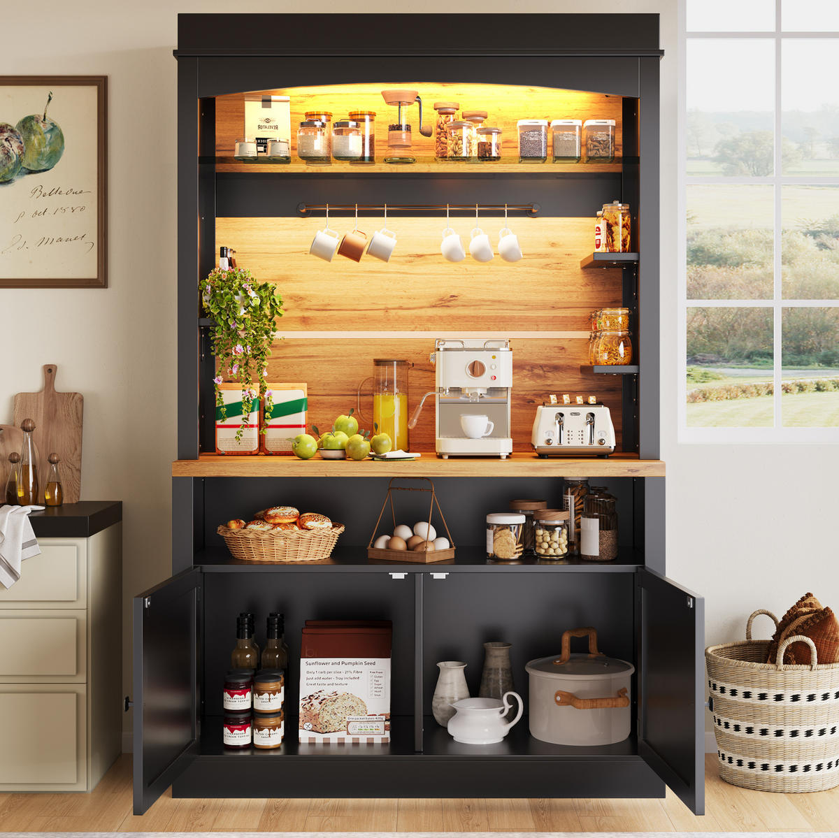 BUFFET 107/43/184 cm in Schwarz mit LED-Beleuchtung und viel Stauraum - Schwarz, Holzwerkstoff (107/184/43cm) - Flora Grace