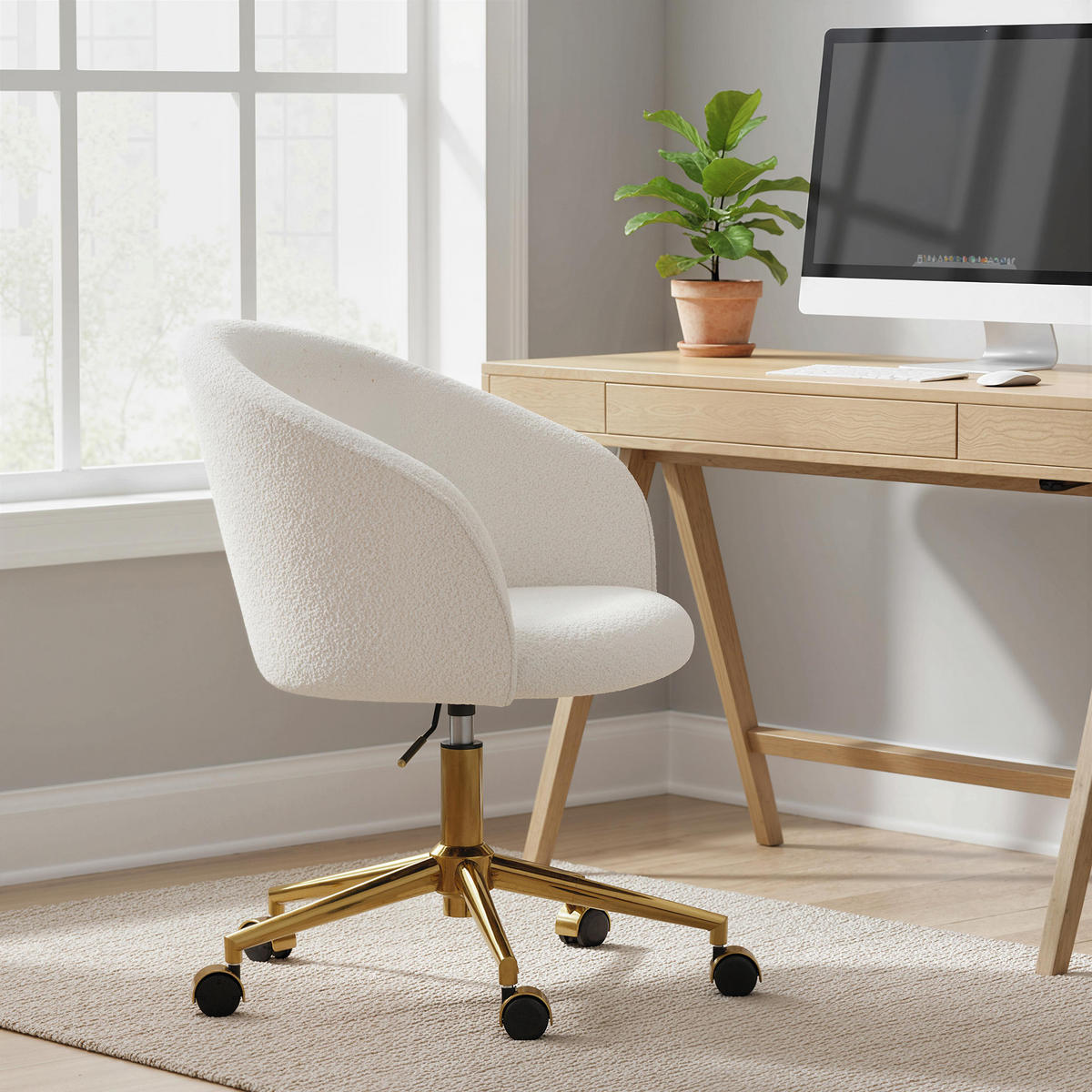DREHSTUHL DE-11836 mit Teddy-Stoff & höhenverstellbar Creme - Creme, Metall (58.5/86/60cm) - ComfortXL