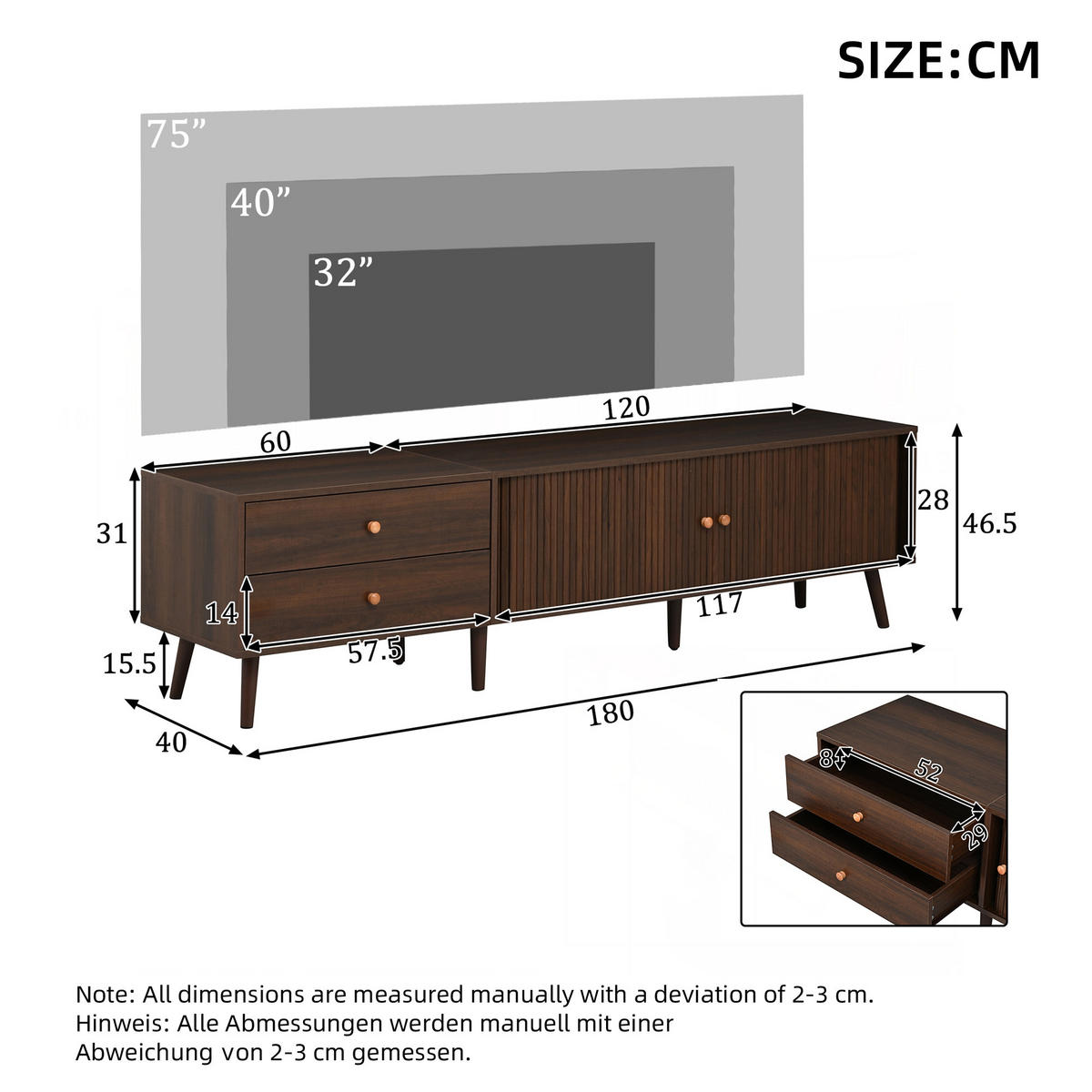 TV-LOWBOARD 180x40x46.5 cm Walnuss 2 Schubladen 2 Türen - Walnussfarben, Holzwerkstoff (40/46.5/180cm) - FLIEKS