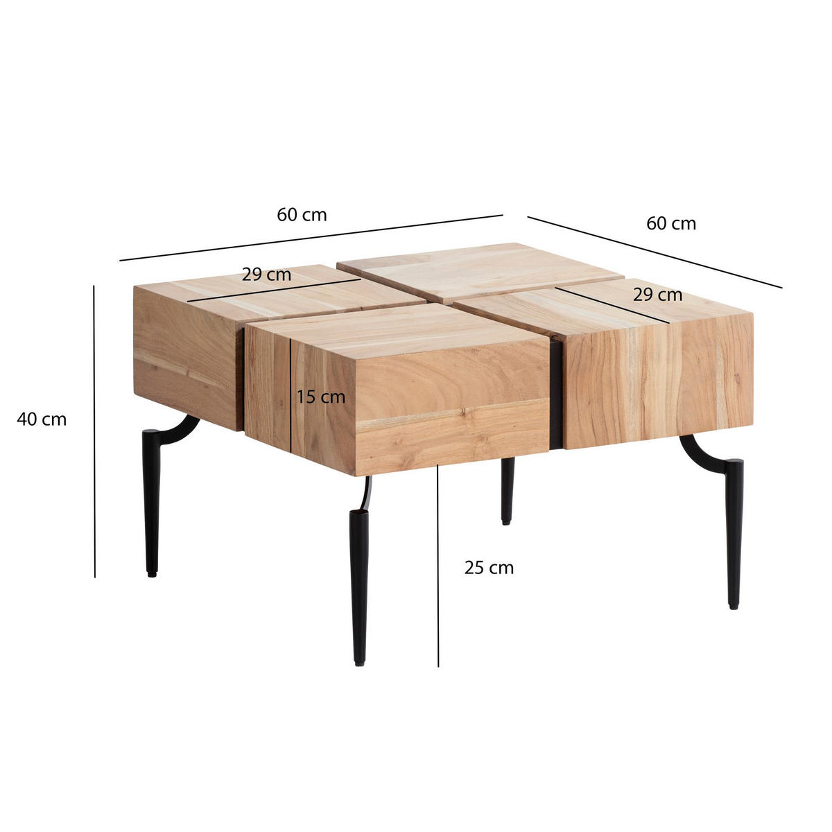 COUCHTISCH Massivholz Quadratisch Metallgestell Würfel-Form Modern, Akazie 60x60x40 cm - Schwarz/Akaziefarben, Holz/Metall (60/60/40cm) - KADIMA DESIGN