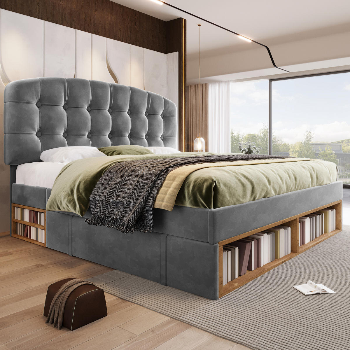 POLSTERBETT 140/200 cm in Grau Samt mit Schubladen, Regal und höhenverstellbarem Kopfteil - Grau, Holzwerkstoff/Textil (140/200cm) - WISHDOR