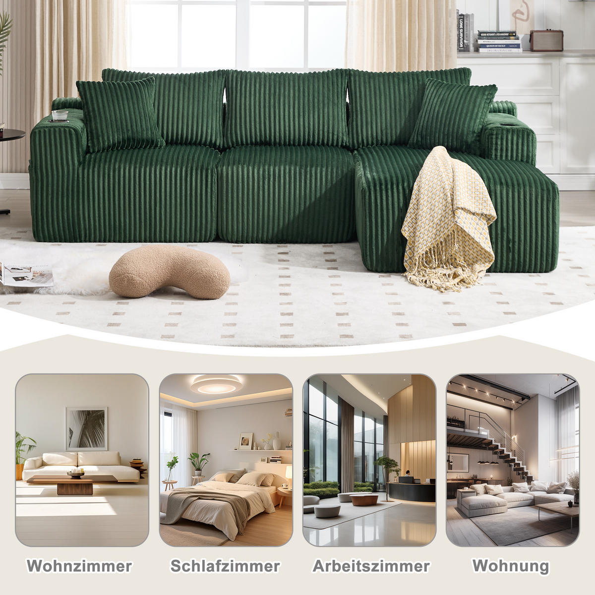 MODULARES Sofa-Set Cord mit Chaiselongue Taschen und Getränkehalter 257/90 160/62 cm Smaragdgrün - Smaragdgrün, Textil (160/257cm) - Redom