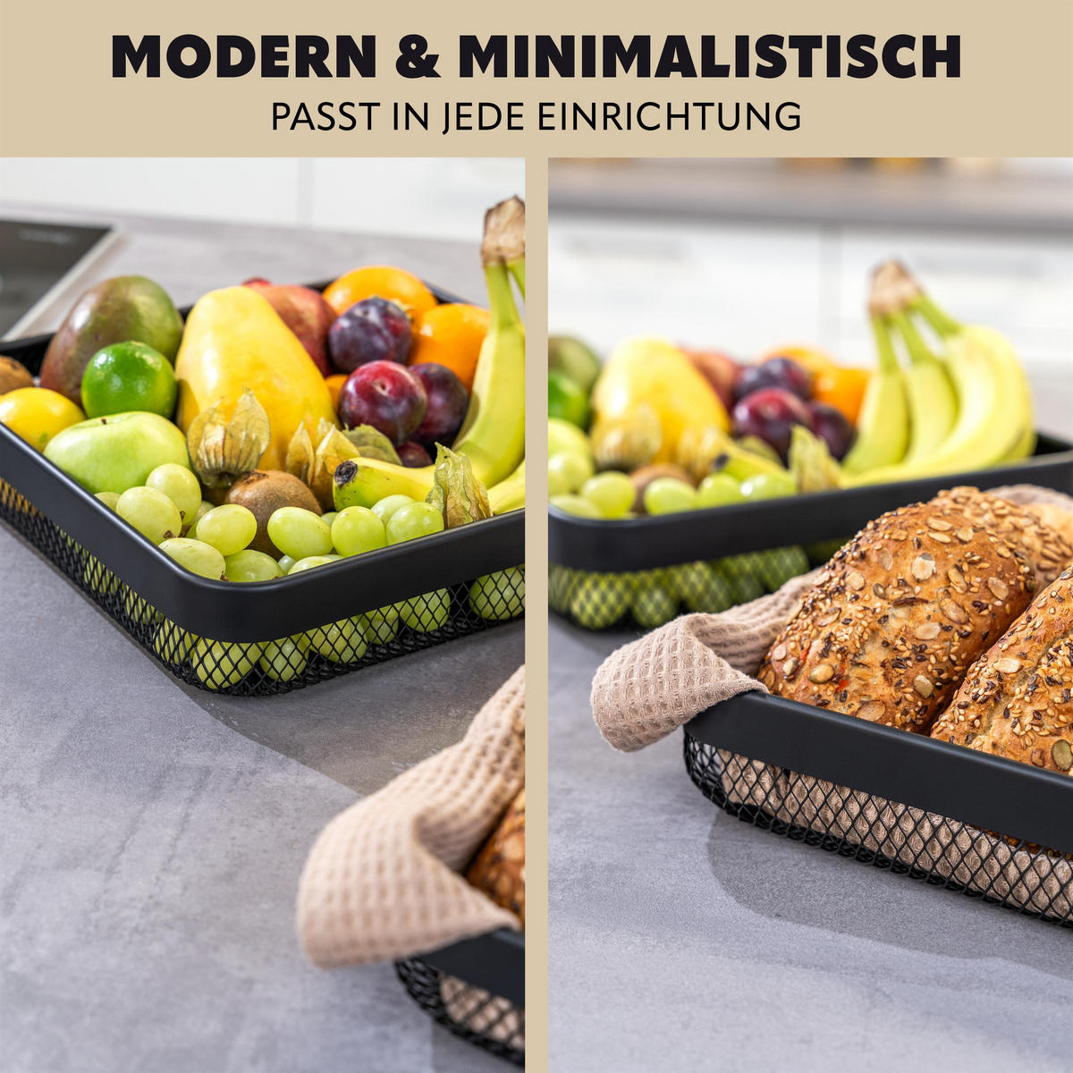 OBSTKORB - BROTKORB 2er Set, eckige Obstschale, aus schwarzem Metall - Schwarz, Metall (6cm) - eluno