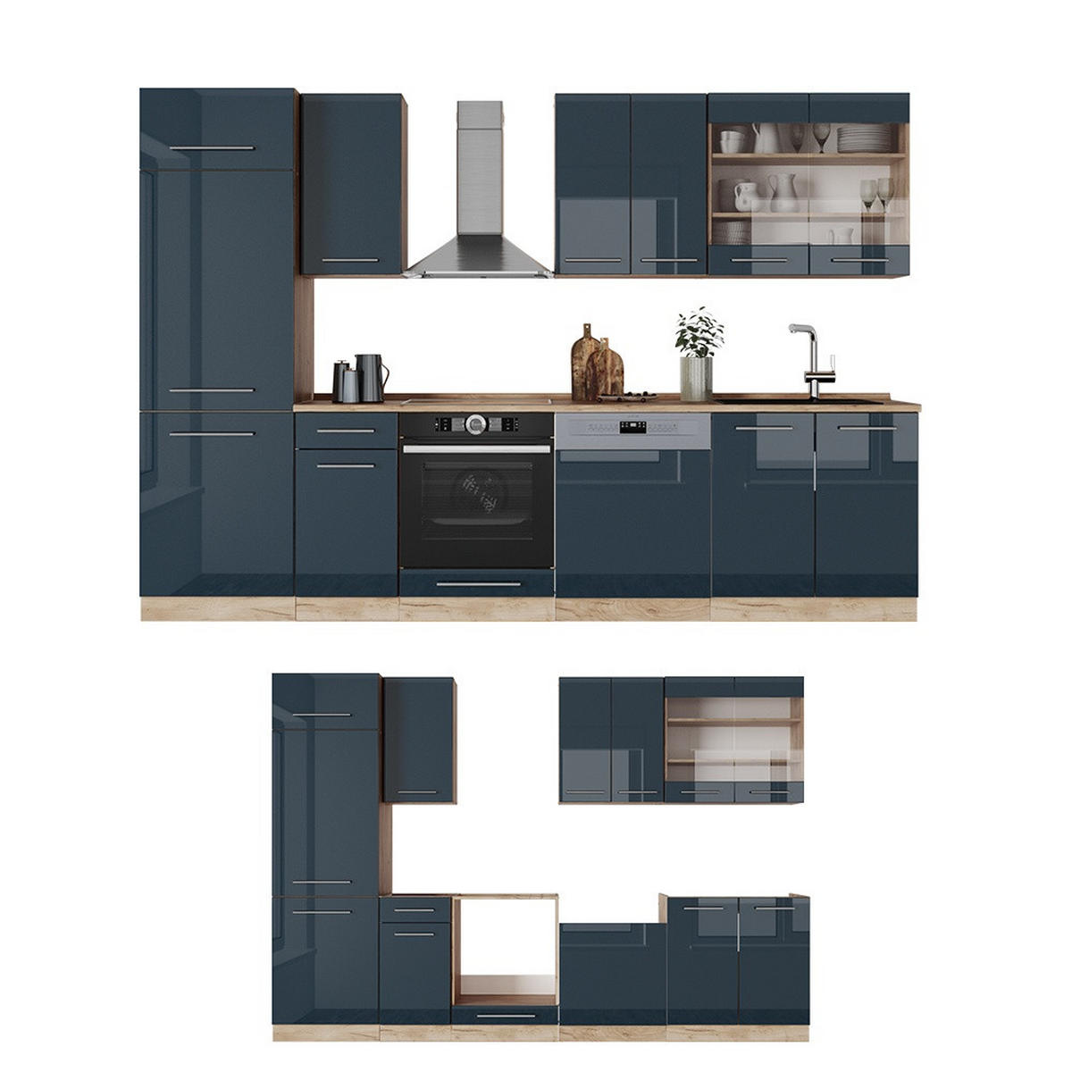 KUCHYNSKÝ KÚT Fame-Line Tmavomodrá vysoký lesk/dub Goldkraft 300 cm , AP Marble - tmavomodrá/dub medový, kompozitné drevo (300/206.8/60cm) - Vicco