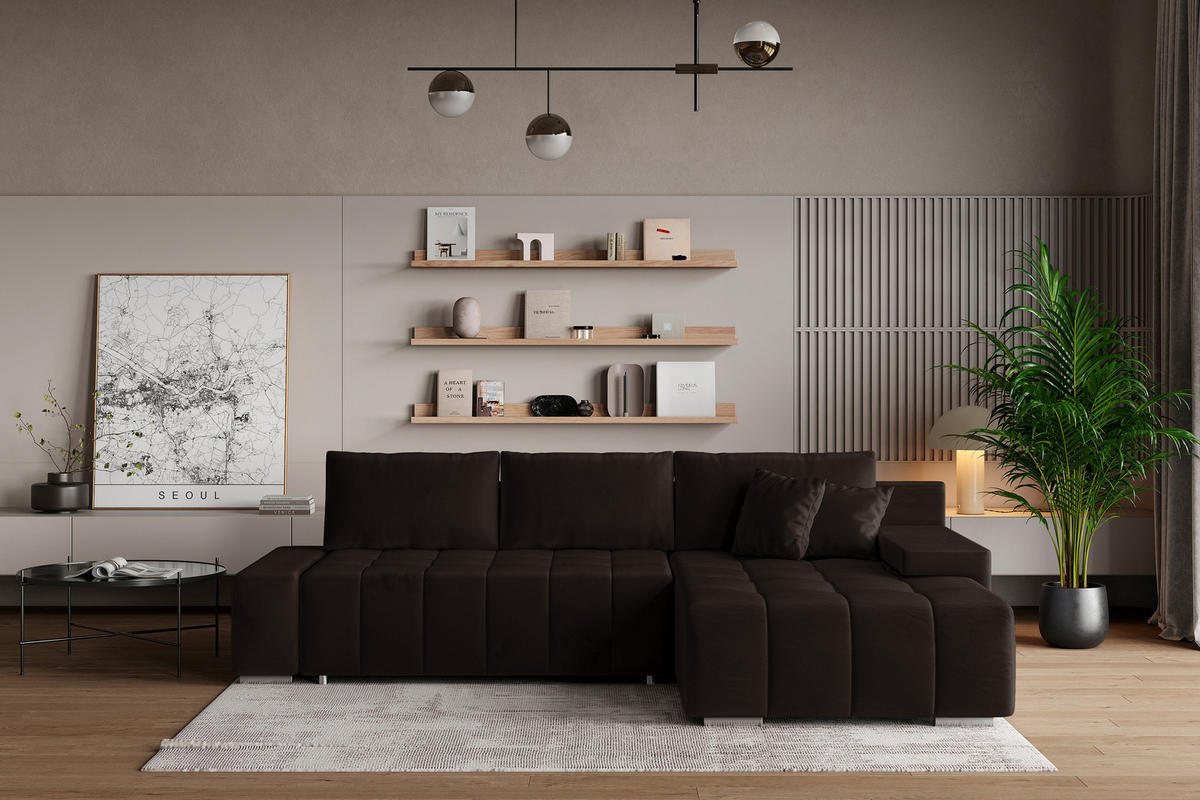 ECKSOFA ALESE R-S Braun Velours-Stoff mit Schlaffunktion - Braun, Holz (265/185cm) - MASSENO