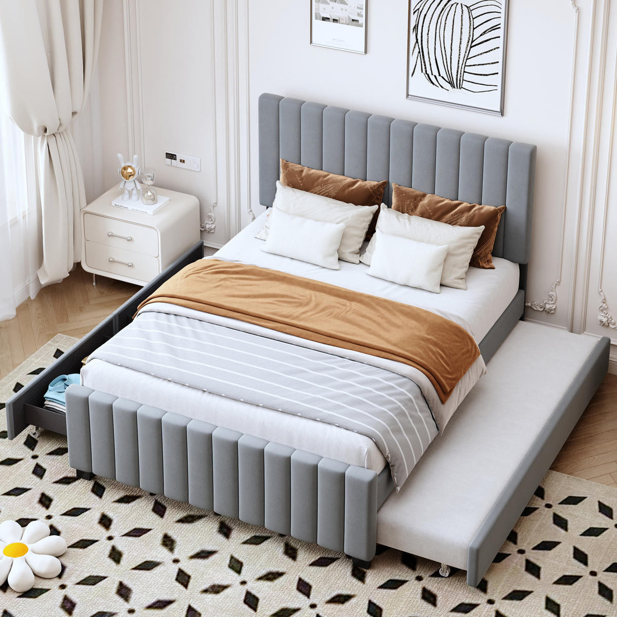 ČALÚNENÁ posteľ z MDF, kovu a zamatovej látky 140x190 cm sivá s výsuvným lôžkom a 2 zásuvkami - sivá, textil (140/190cm) - Modfu
