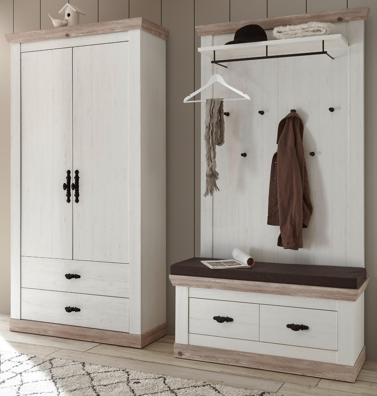 GARDEROBENSCHRANK Pinie weiß, Oslo Pinie Landhaus, Garderobe oder großer Schuhschrank, 107 x 201 cm - Anthrazit/Weiß, Holzwerkstoff/Metall (107/201/38cm) - Furn.Design