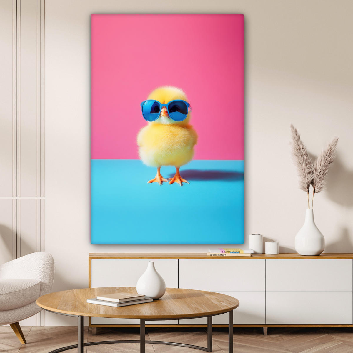 LEINWANDBILD Chick - Sonnenbrille - Blau Deko XXL 80x120 cm - Pink/Gelb, Textil (80/120cm) - MuchoWow