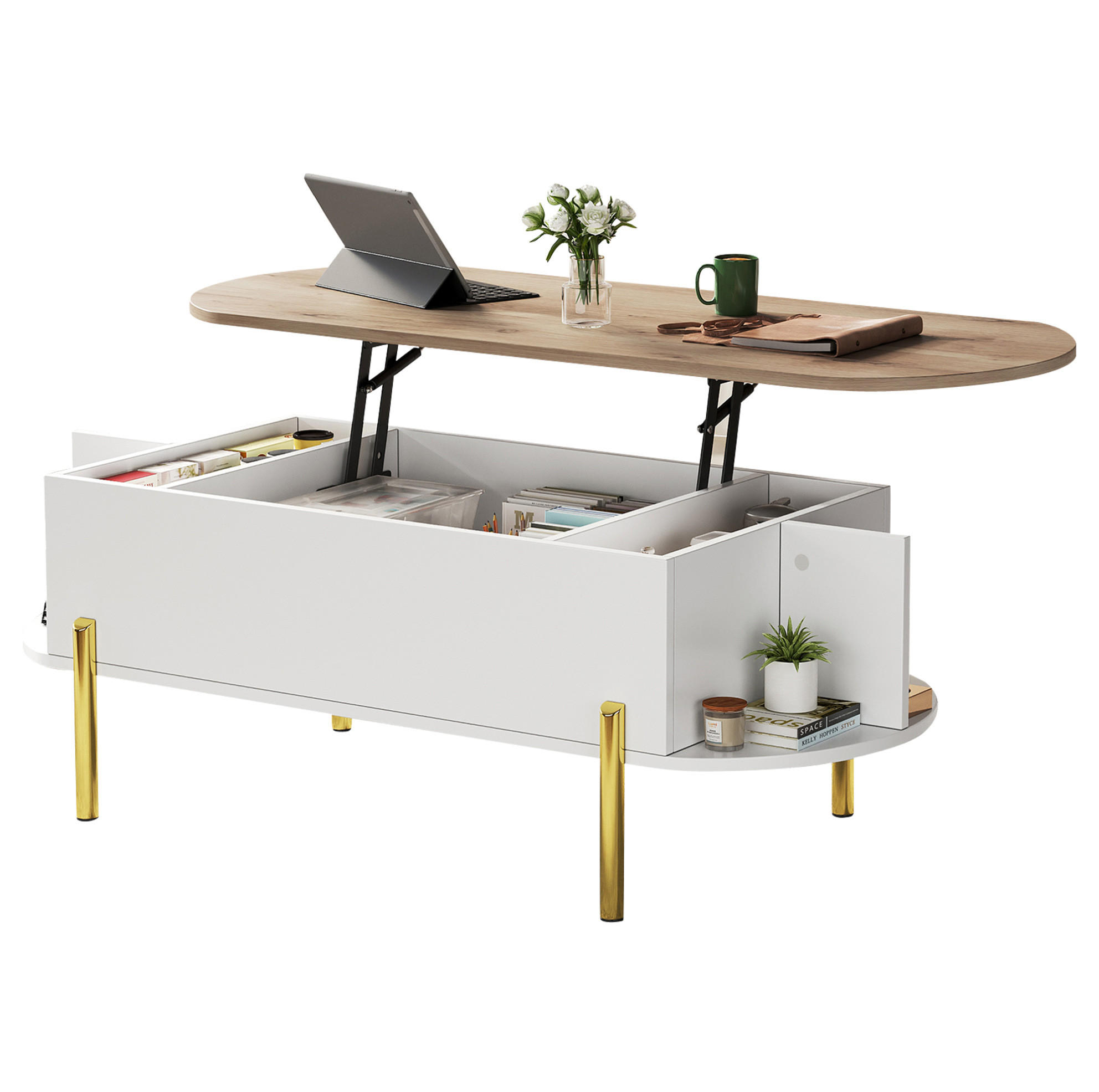 COUCHTISCH 120/50/43 cm mit höhenverstellbarer Platte und Stauraum - Weiß, Holzwerkstoff (120/50/43cm) - Flora Grace