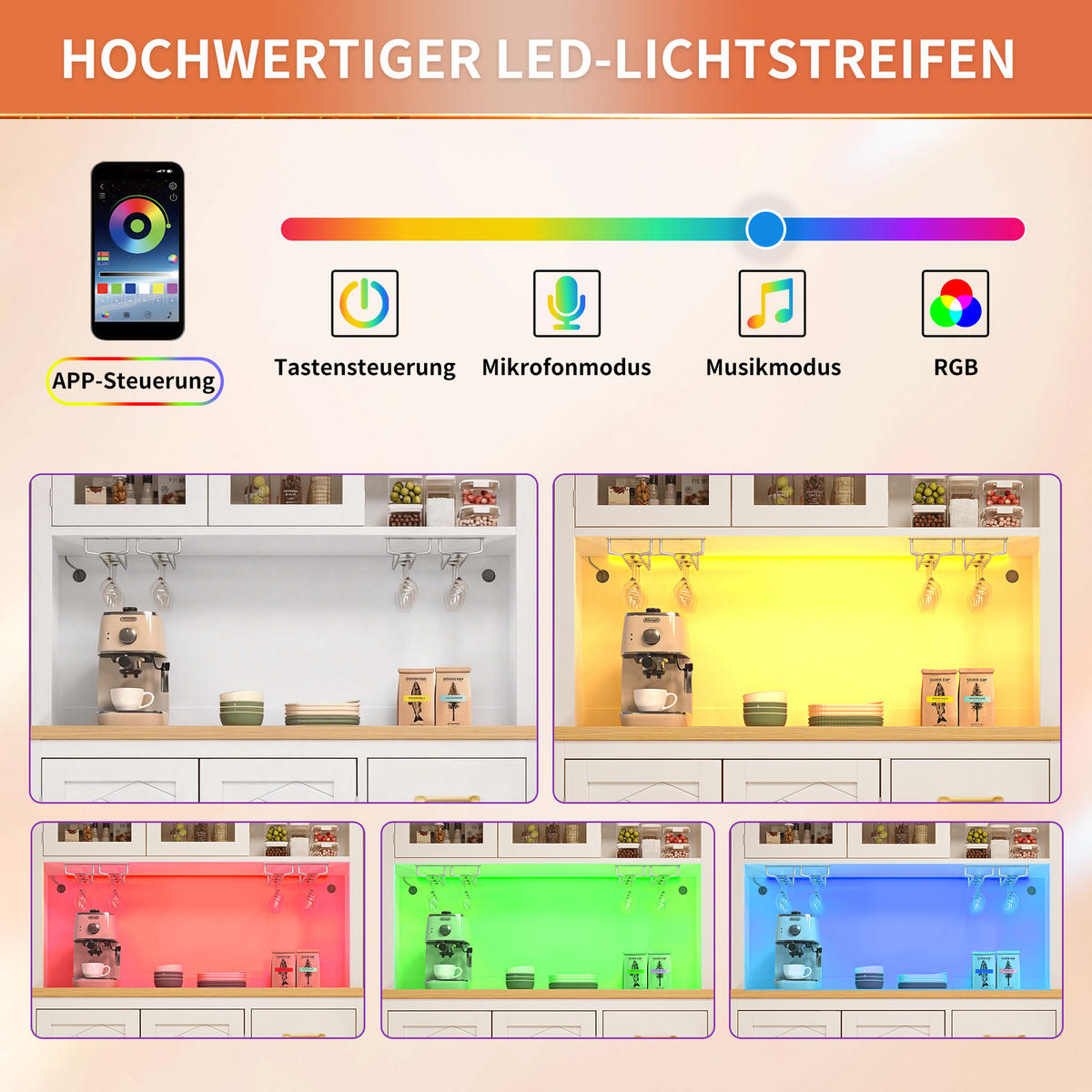 BUFFETSCHRANK landhausstil weiß 180 cm hoch mit app-led & gläserhalter - Weiß, Holzwerkstoff (105.5/180/40cm) - Urban Meuble