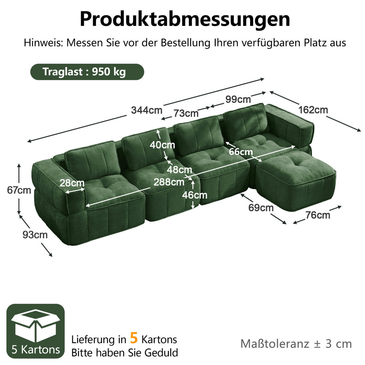 ECKSOFA 344/162/67 cm in Grün aus Polyester mit Hocker - Grün, Kunststoff (162/344cm) - Flora Grace