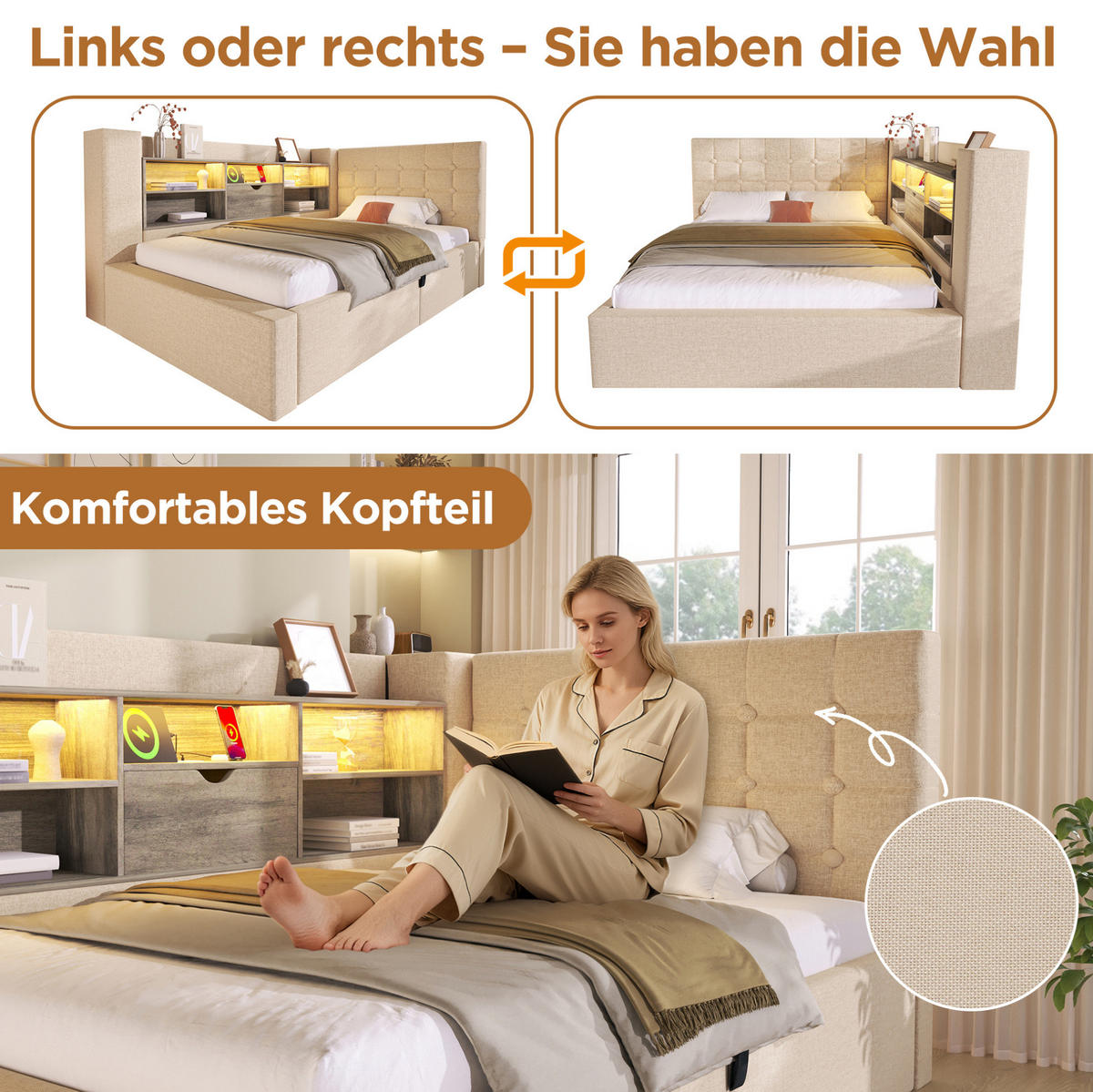 POLSTERBETT 90/200 cm Beige aus Leinen mit Stauraum und LED - Beige, Textil (90/200cm) - OKMYHOME