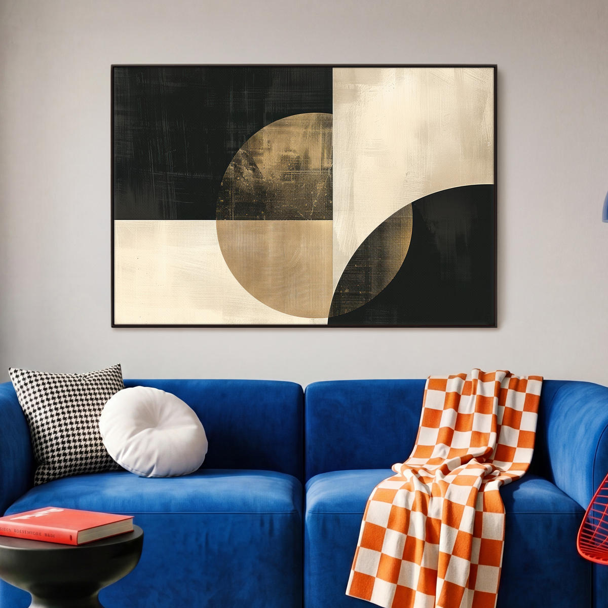 LEINWAND Bilder mit Rahmen - Abstrakt - Geometrische Formen - Schwarz - Gold - 90x60 - Ecru, Textil (90/60cm) - MuchoWow