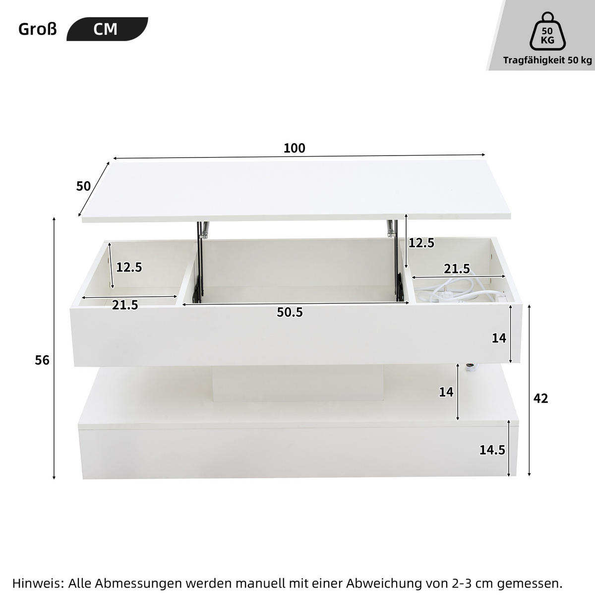 COUCHTISCH 100/50/42 cm Weiß aus Spanplatte mit Stauraum und höhenverstellbarer Platte - Weiß, Holzwerkstoff (50/100/42cm) - OKMYHOME