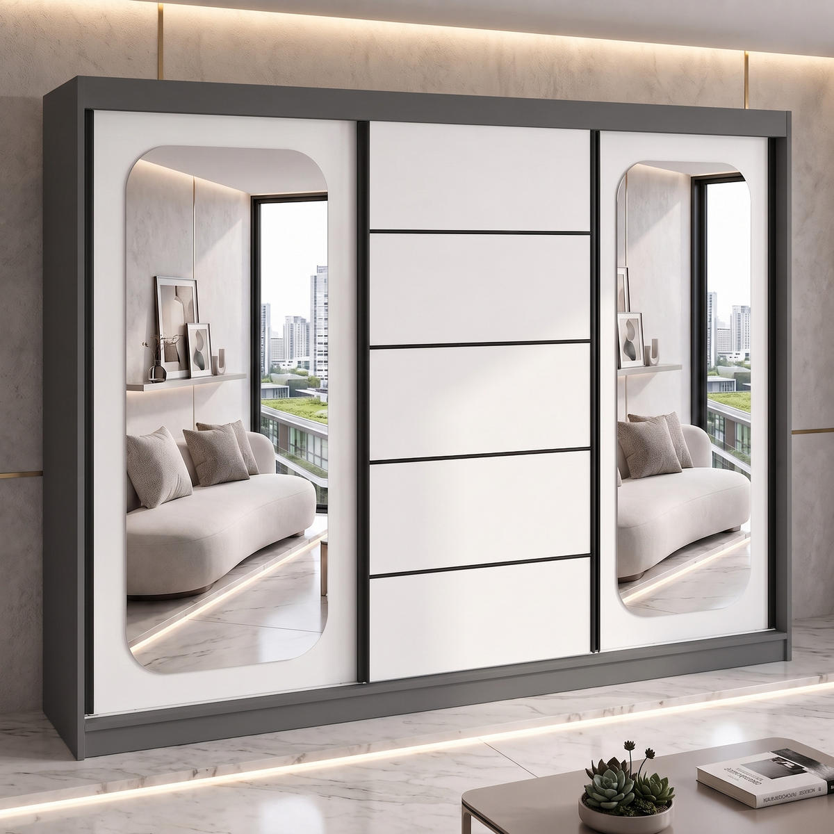 SCHWEBETÜRENSCHRANK BELANO 200 cm. Innenausstattung: Comfort plus - Graphitfarben/Weiß, Holzwerkstoff (200/215/59.5cm) - A&J MöbelLand
