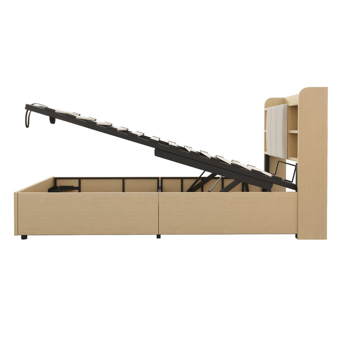BETT aus MDF 90x200 cm Holzfarbe/Grau mit hydraulischem Stauraum, USB- und Type-C-Anschluss, Kopfteil mit Ablagen - Naturfarben, Holzwerkstoff (90/200cm) - Modfu