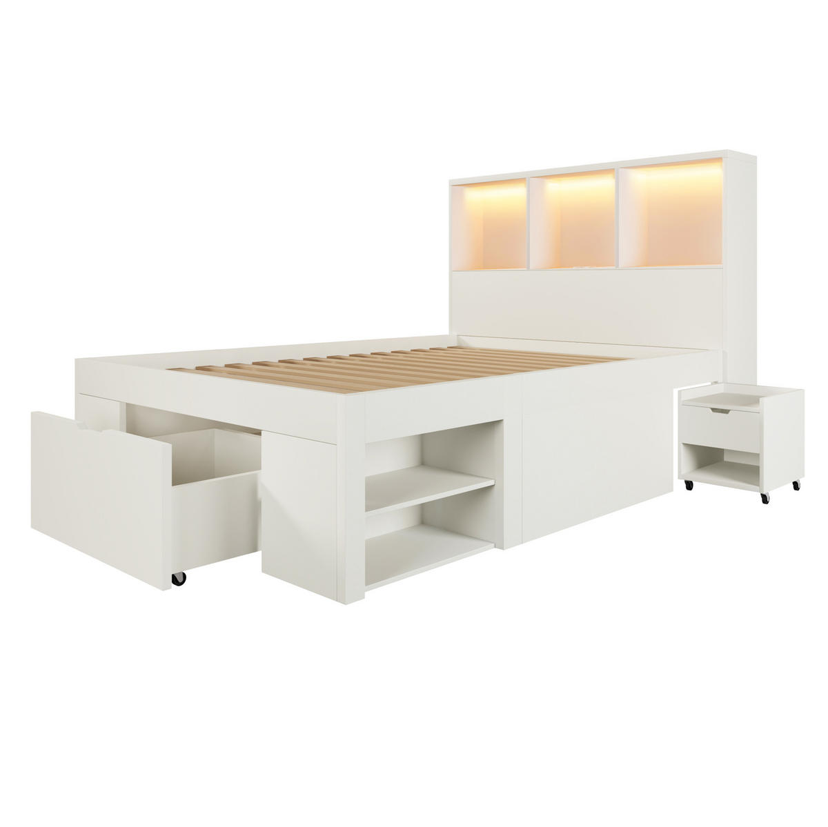 FUNKTIONSBETT 90/200 cm mit LED-Beleuchtung, USB-C, Stauraum und beweglichem Nachttisch und Matratze aus Holz, Weiß - Weiß, Holzwerkstoff (90/200cm) - Redom