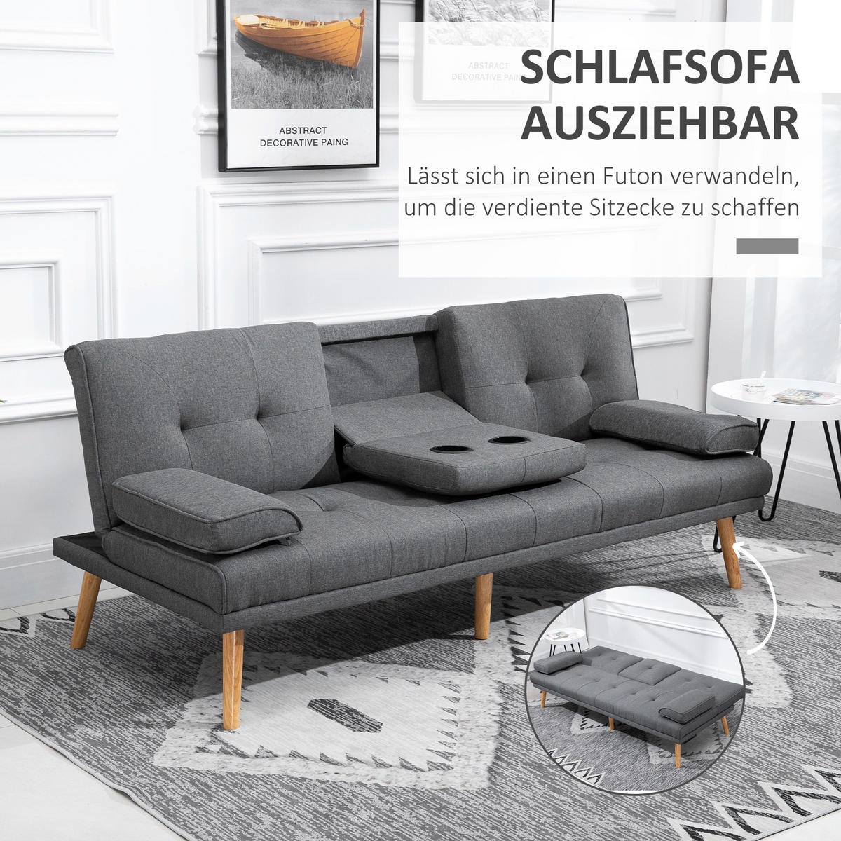 SCHLAFSOFA 3-Sitzer-Sofa Bettsofa mit Klappbarem Tisch Stoffsofa mit Leinenoptik - Dunkelgrau/Naturfarben, Holz/Textil (77/78/181cm) - HOMCOM