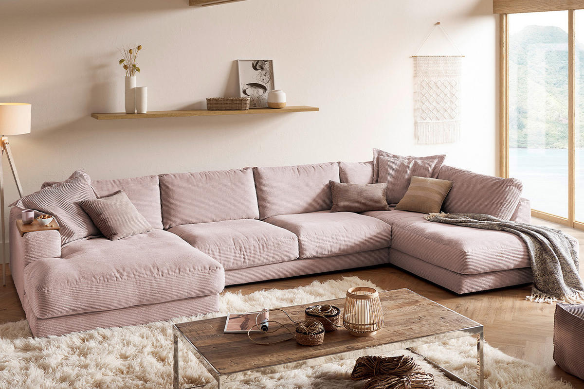 WOHNLANDSCHAFT MADELINE Pink Cord - Pink/Schwarz, Kunststoff/Textil (425/86/224cm) - KAWOLA
