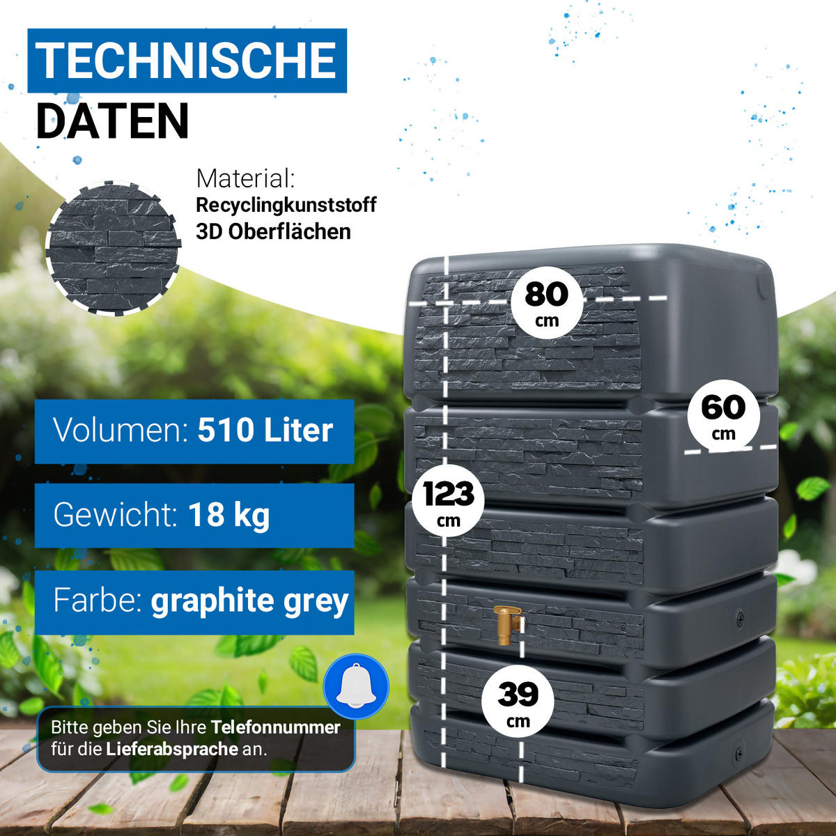 MAUERTANK 510 L, graphite grey - Grau, Kunststoff (80/123/60cm) - 4rain