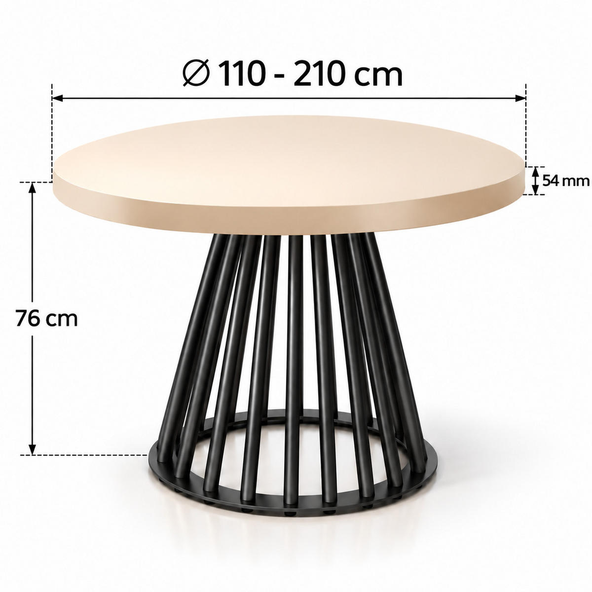ESSTISCH rund ausziehbar 110/210/76 cm, Kaschmir, 54 cm Tischplatte + Lamellen-Metallgestell Schwarz - Kaschmir/Schwarz, Holzwerkstoff/Metall (110/210/76cm) - Damale Möbel