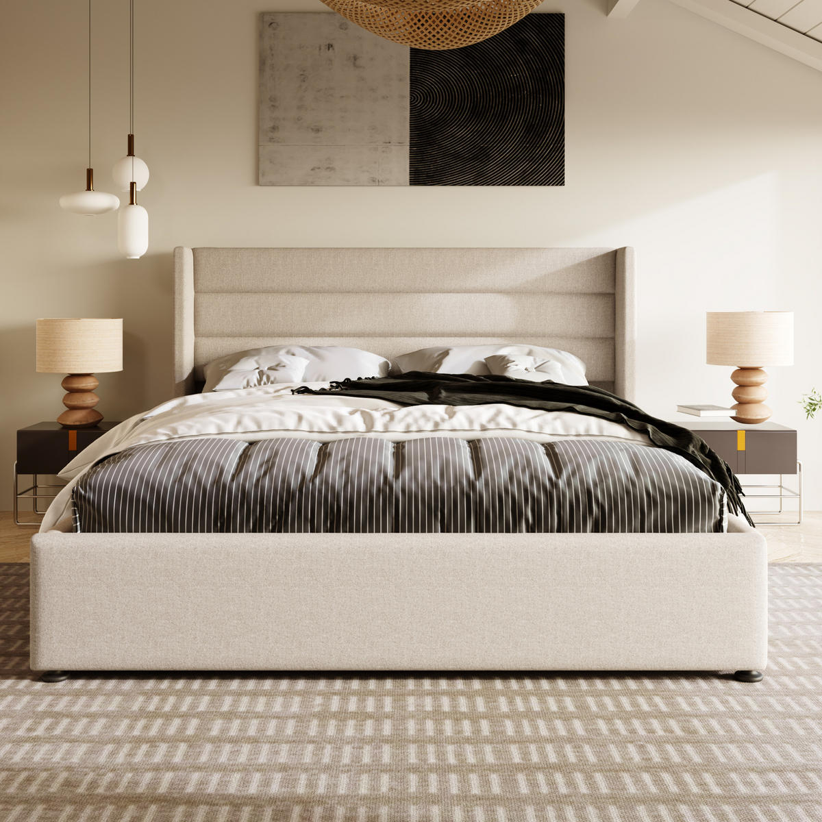 POLSTERBETT mit Bettkasten 180x200 cm Leinen Beige - Beige, Metall (180/200cm) - Meubliv
