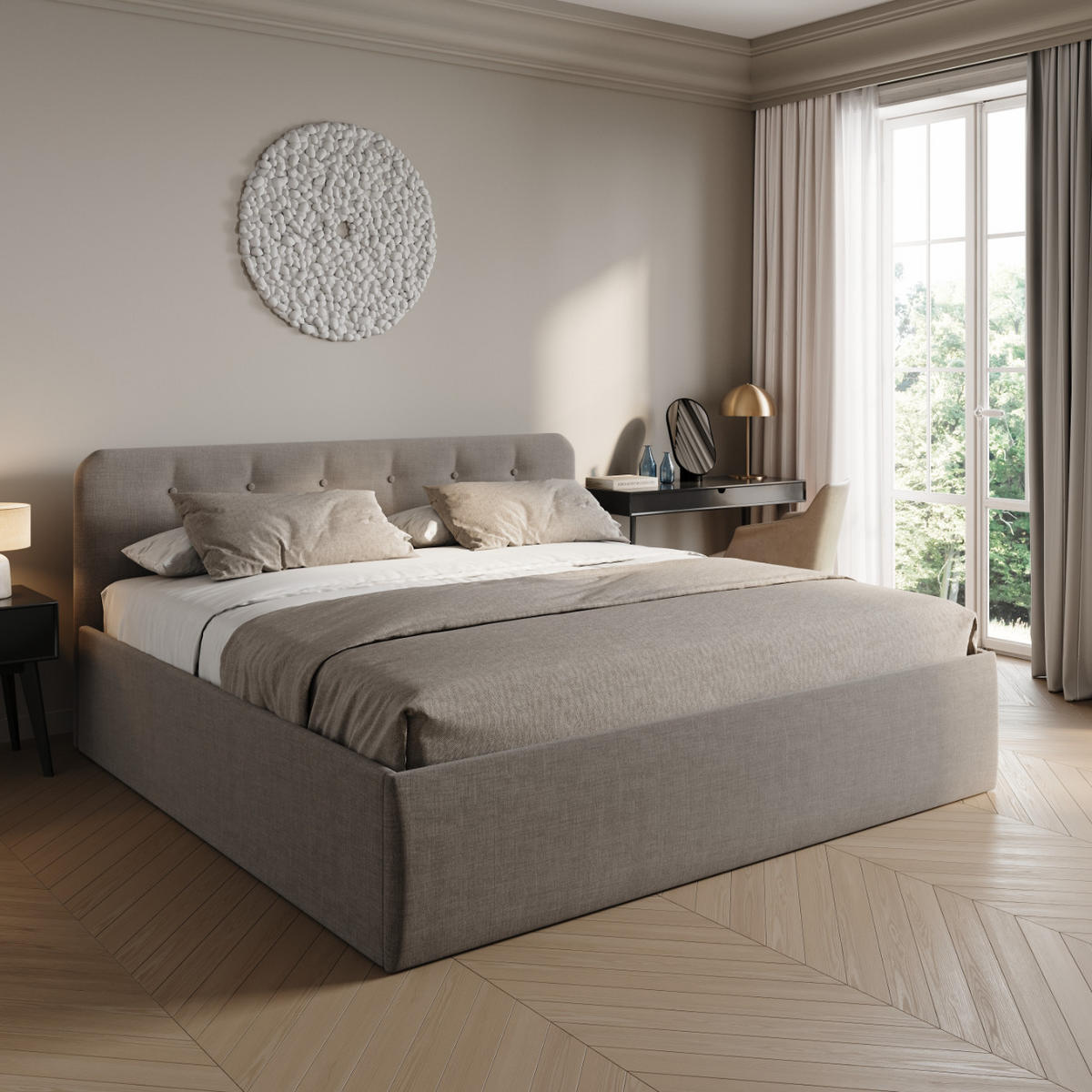 POLSTERBETT mit verstellbarem Lattenrost & Bettkasten, Bonnell-Matratze, 200 x 200 cm in Beige - Beige, Holzwerkstoff/Textil (200/200cm) - Home Collective