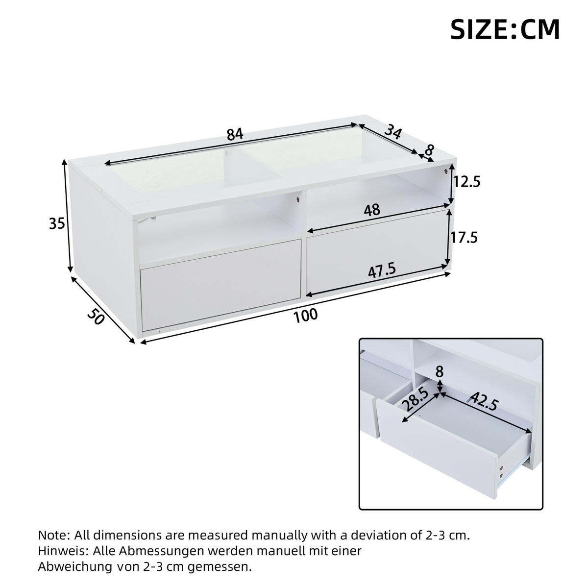KONFERENČNÍ stolek ze skla a dřevotřísky, 100/50/35 cm bílý, s LED osvětlením a 2 zásuvkami - bílá, sklo (100/50/35cm) - BEAOK