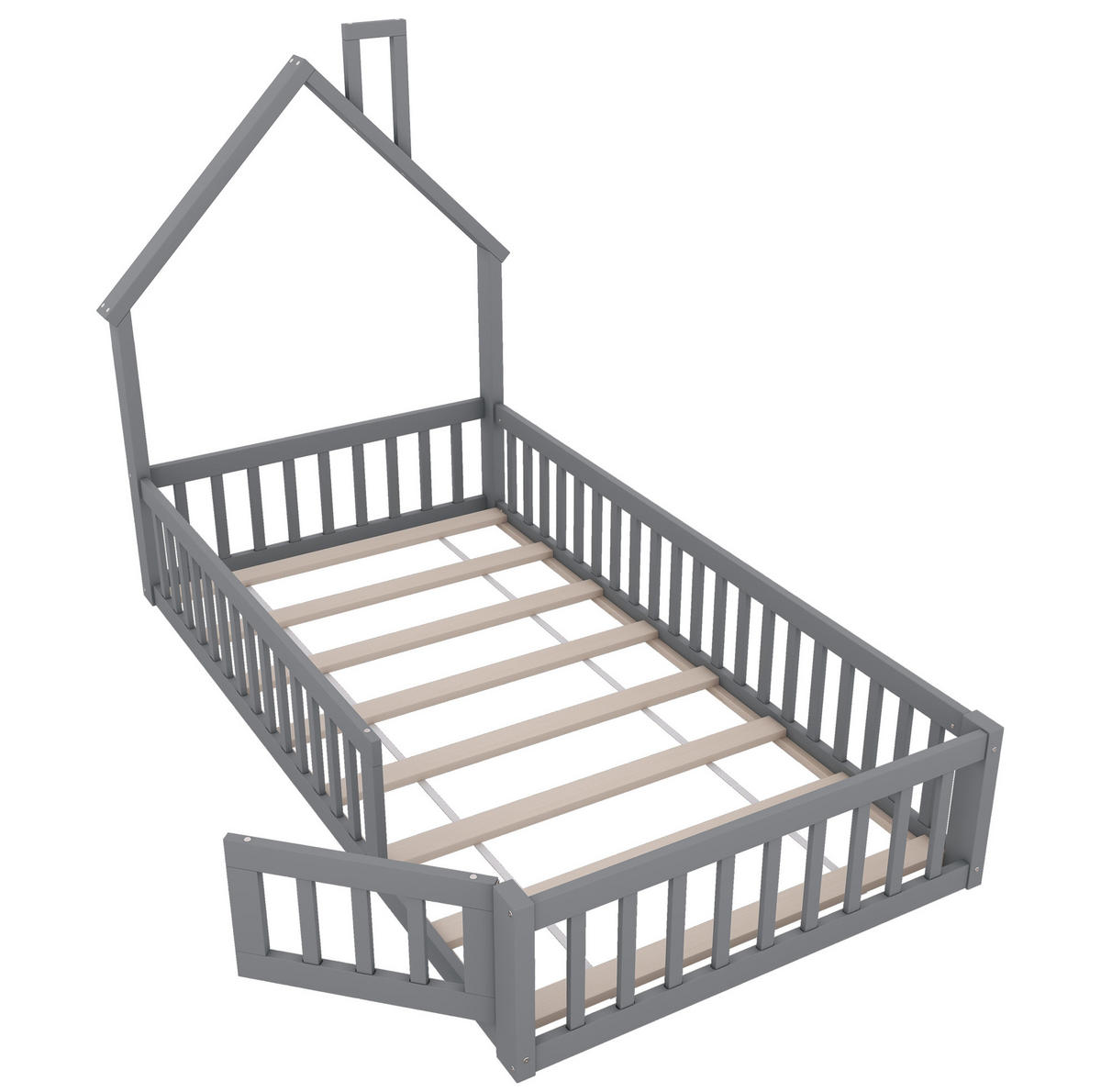 HAUSBETT 90/200 cm in Grau – mit Schornsteinform, Lattenrost und Rundum-Schutzgitter - Grau, Holzwerkstoff (90/200cm) - BEAOK