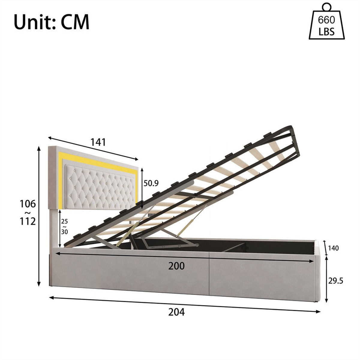 POLSTERBETT 140x200 cm - mit LED-Kopfteil und hydraulischem Bettkasten - Samt - ohne Matratze - Beige - Beige, Textil (140/200cm) - DELFA