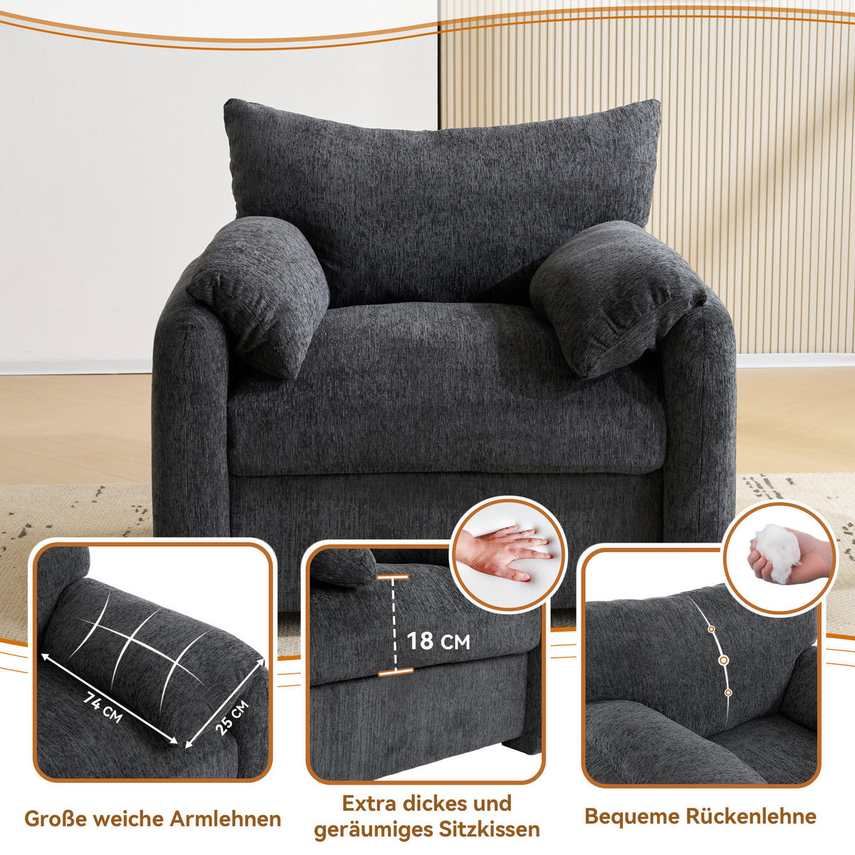 SESSEL 96/82/84 cm grau aus Chenille mit ergonomischer Polsterung - Grau, Textil (82/84/96cm) - OKWISH