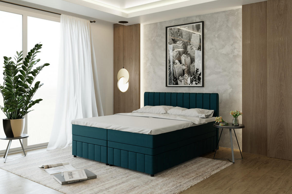 BOXBETT AVALON 180 x 200 cm mit Bettkasten und Topper - Türkis - Türkis, Holz - Panda Möbel