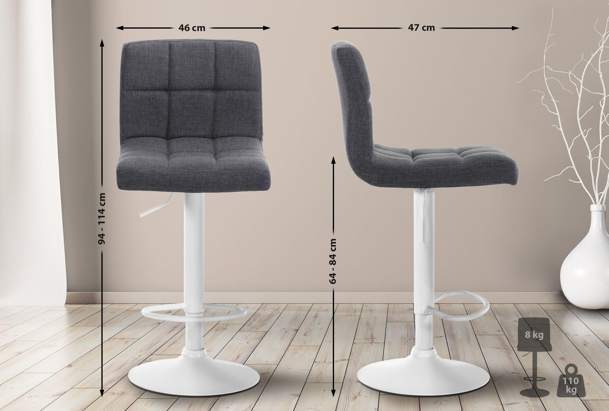 BARHOCKER MADRID Hellgrau Stoff Weiß - Hellgrau, Textil/Metall (46/94/47cm) - DELUKE