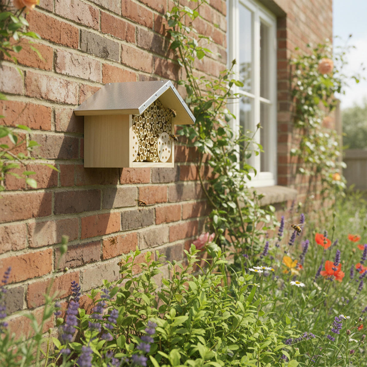 BIENENHOTEL - Hellbraun, Holz/Metall (23/17/20cm) - Relaxdays