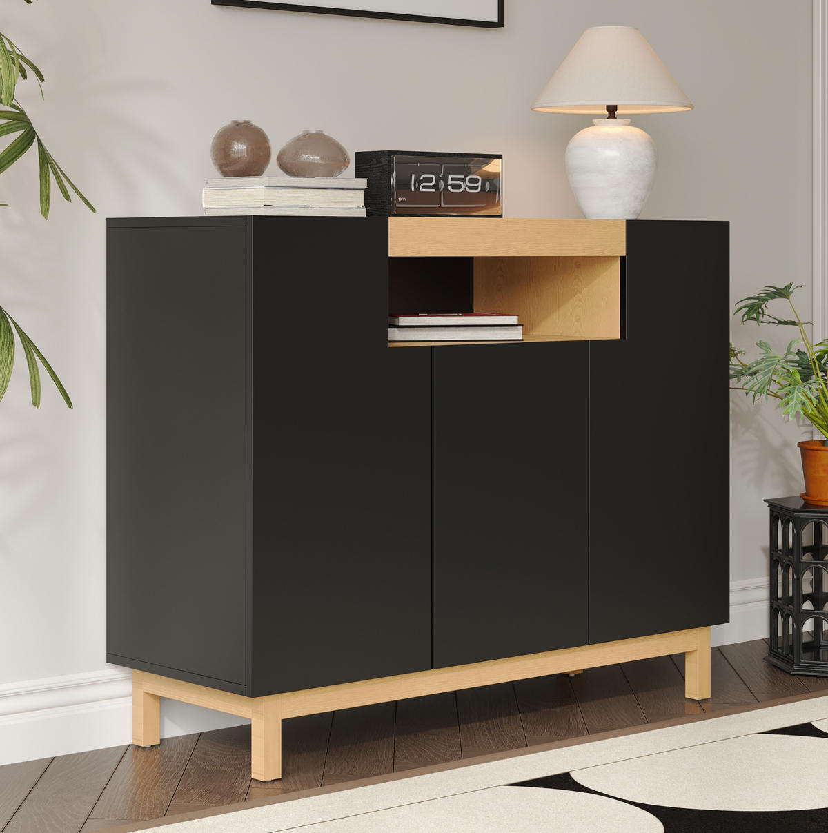 SIDEBOARD aus Spanplatte 120,5x42x96 cm Schwarz mit 3 Türen und offenem Mittelfach - Schwarz, Holzwerkstoff (120.5/96/42cm) - IVMEU