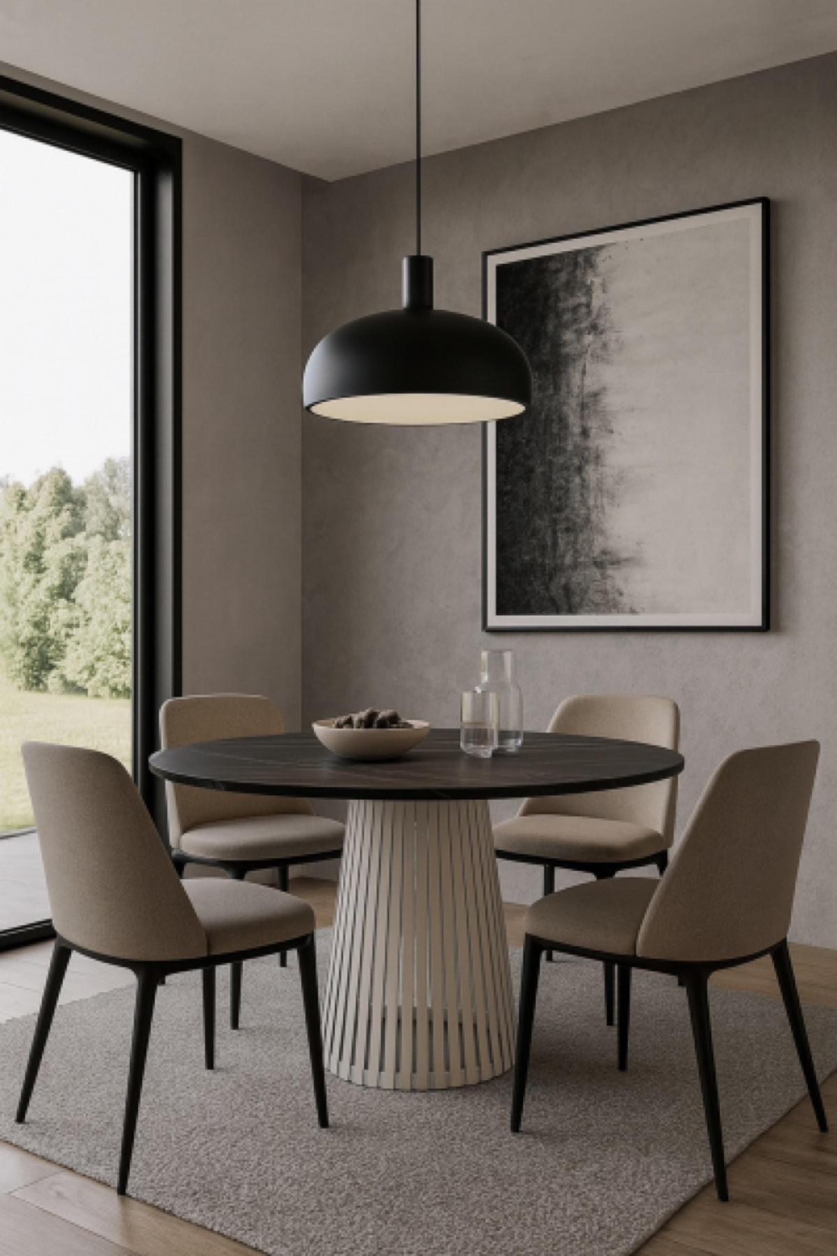 TISCH Kaschmir VIV Rund Mit Lamellen Dunkler Marmor 90 cm - Schwarz, Holzwerkstoff (90/90/76cm) - Sepro Meble