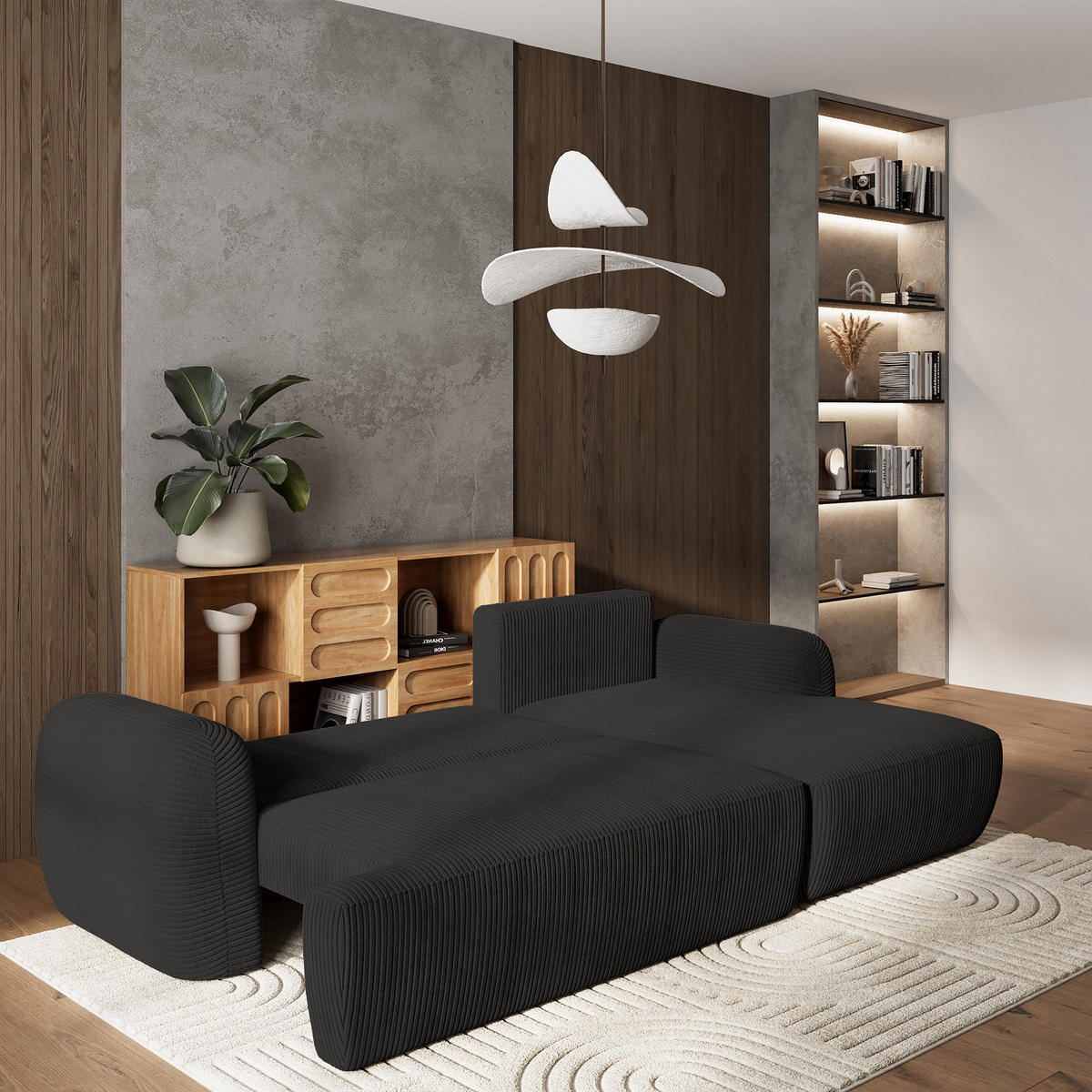ECKSOFA MODENZA P R-S Schwarz Kordstoff mit Schlaffunktion - Schwarz, Holz (266/148cm) - MASSENO