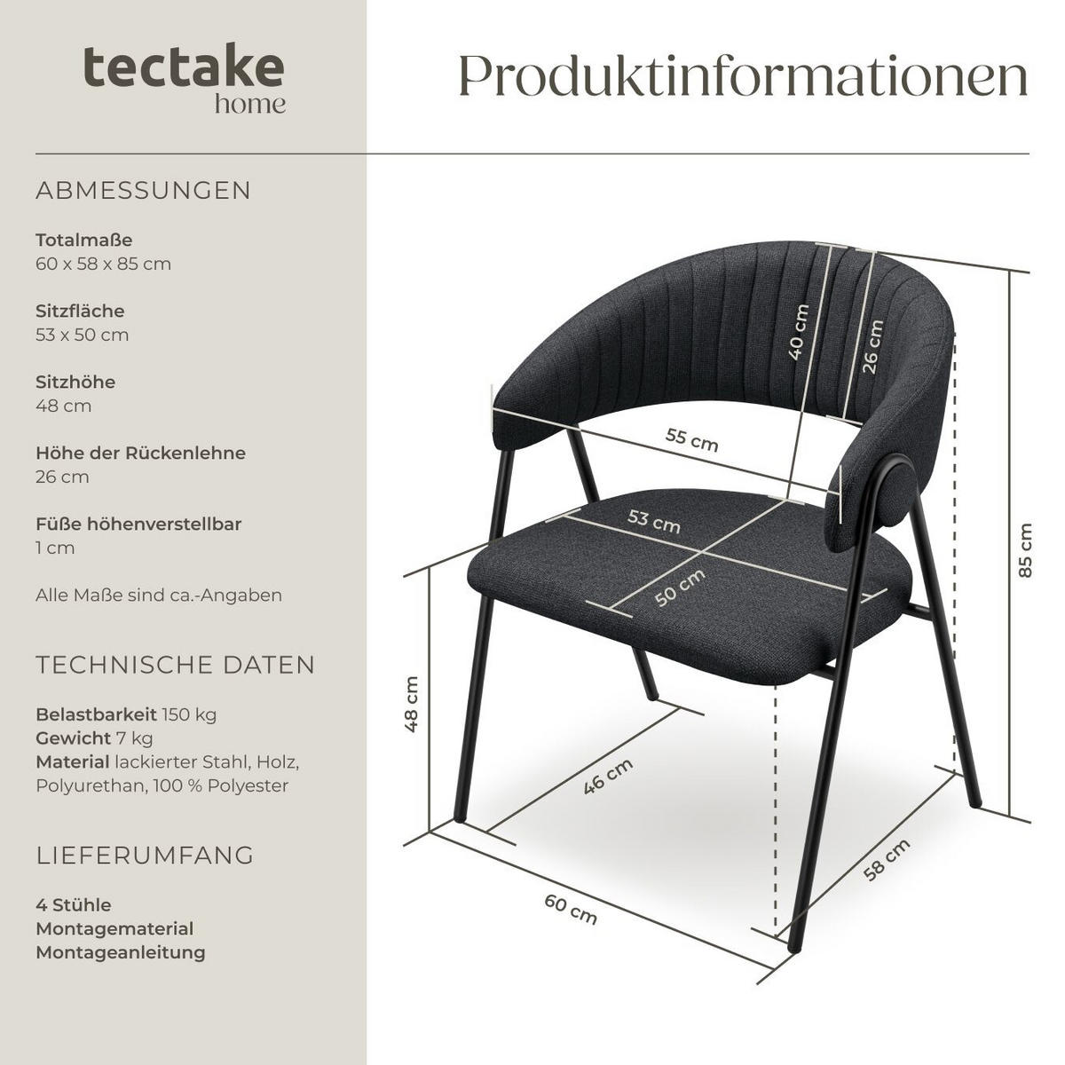 ARMLEHNSTUHL 4er Set Bedano 60 x 58 x 85 cm schwarz - Schwarz, Kunststoff (60/85/58cm) - tectake