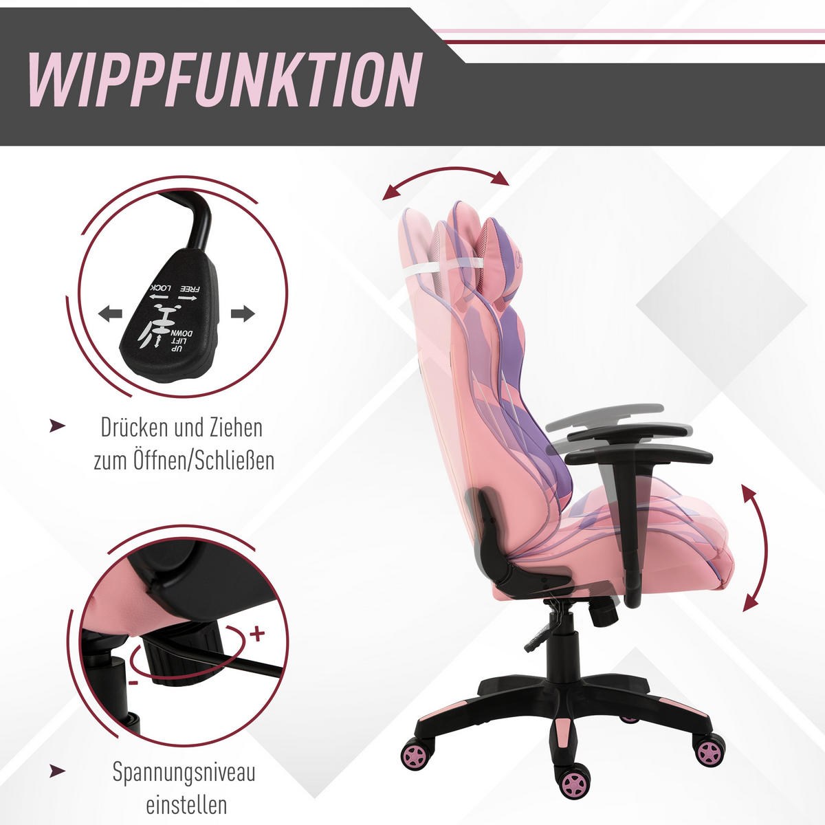 GAMING Stuhl, Bürostuhl, Rosa&Violett - Rosa, Leder (56/125.5/69cm) - Vinsetto