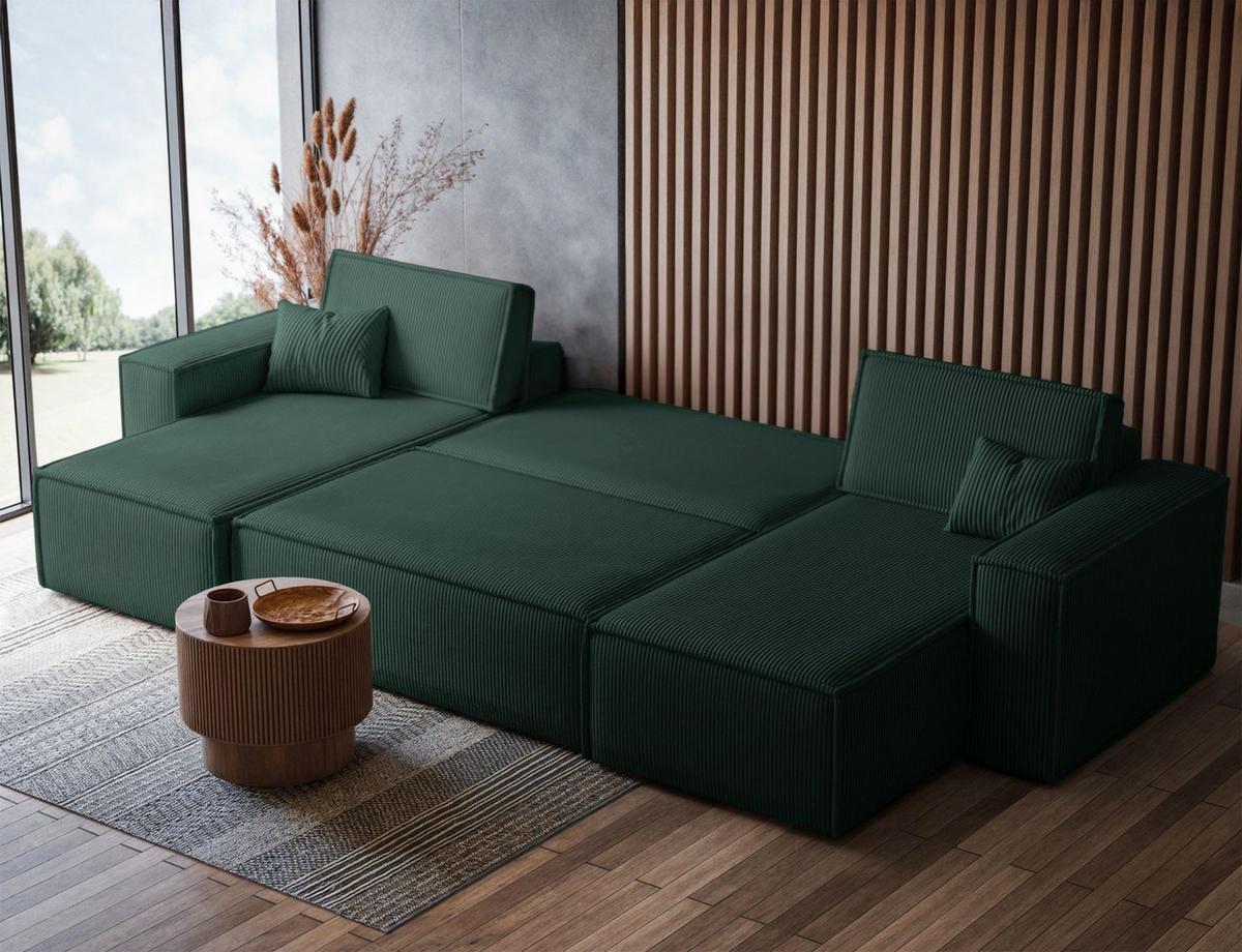 WOHNLANDSCHAFT Scarlo Dunkelgrün Cordbezug - Dunkelgrün/Schwarz, Kunststoff/Textil (312/83/145cm) - Selsey