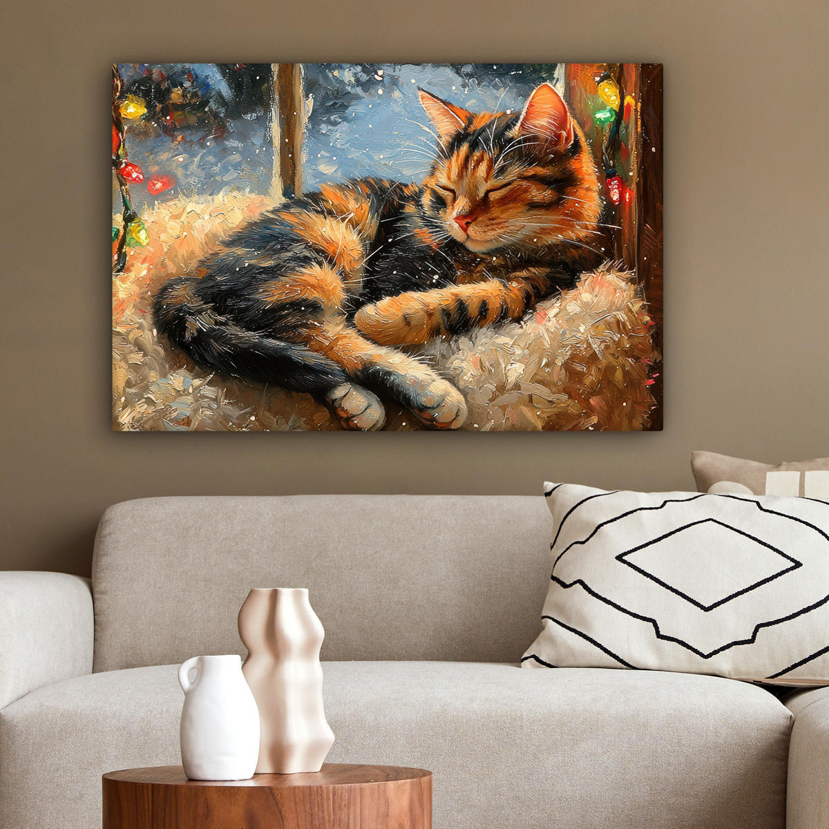 LEINWANDBILD Katze - Weihnachten - Winter - Tier Gemälde 60x40 cm - Bernsteinfarben, Textil (60/40cm) - MuchoWow