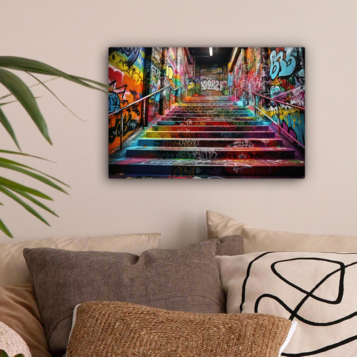 LEINWANDBILD Treppe - Graffiti - Farben - Kunst Deko Schlafzimmer 30x20 cm - Multicolor, Textil (30/20cm) - MuchoWow