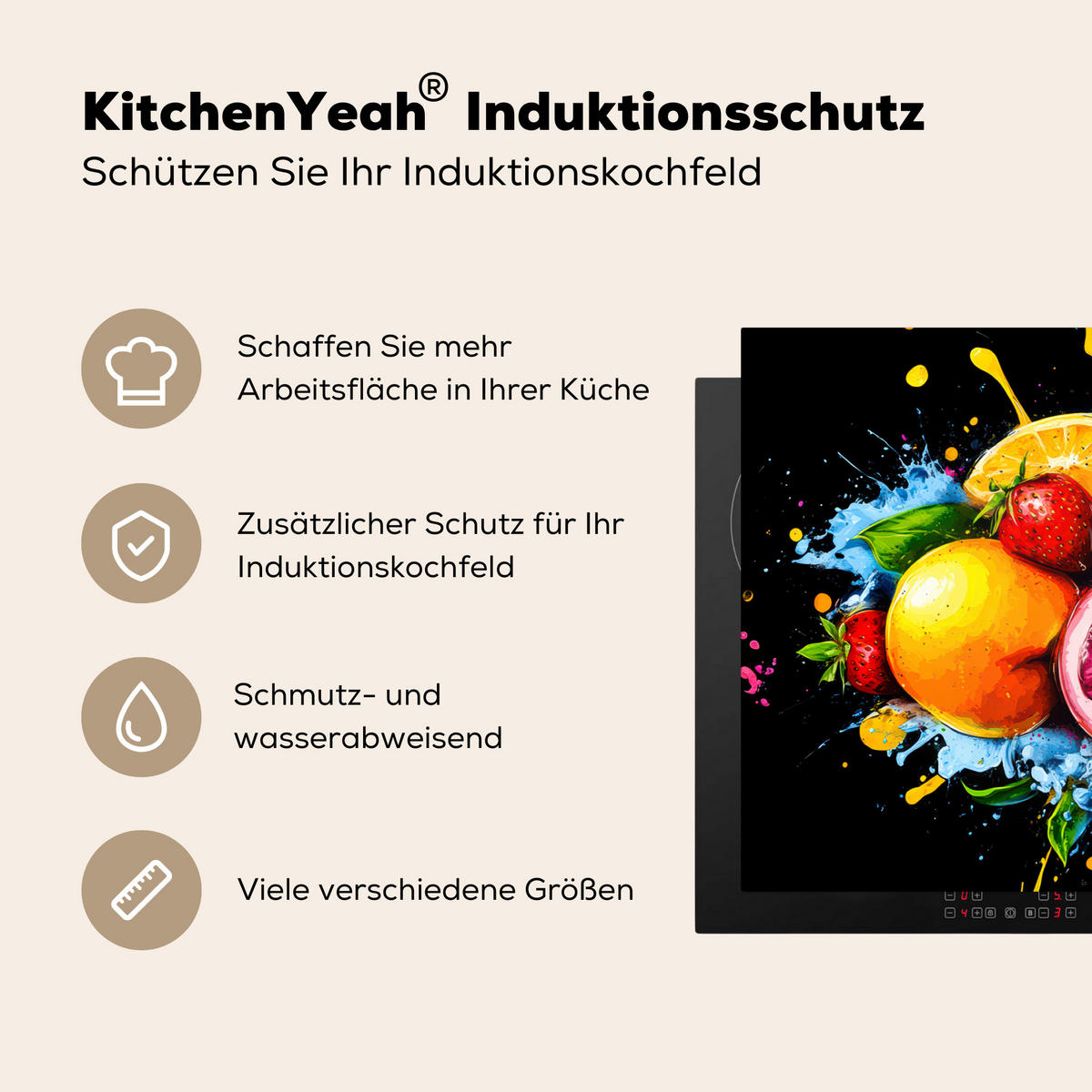 HERDABDECKPLATTE Obst - Graffiti - Bunt - Orange - Erdbeere - Abstrakt 91x52 cm - Orange, Kunststoff (91.2/0.2/52cm) - MuchoWow