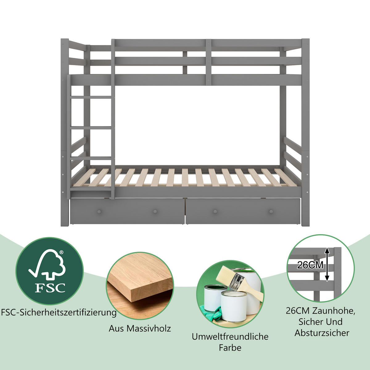 ETAGENBETT 140x200cm Grau Kinderbetten Schubladen Stauraum - Grau, Holz (140/200cm) - FLIEKS