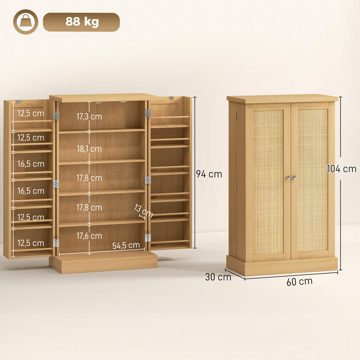 KÜCHENSCHRANK MDF Rattan Naturholz - Naturfarben, Holzwerkstoff (30/104/60cm) - HOMCOM
