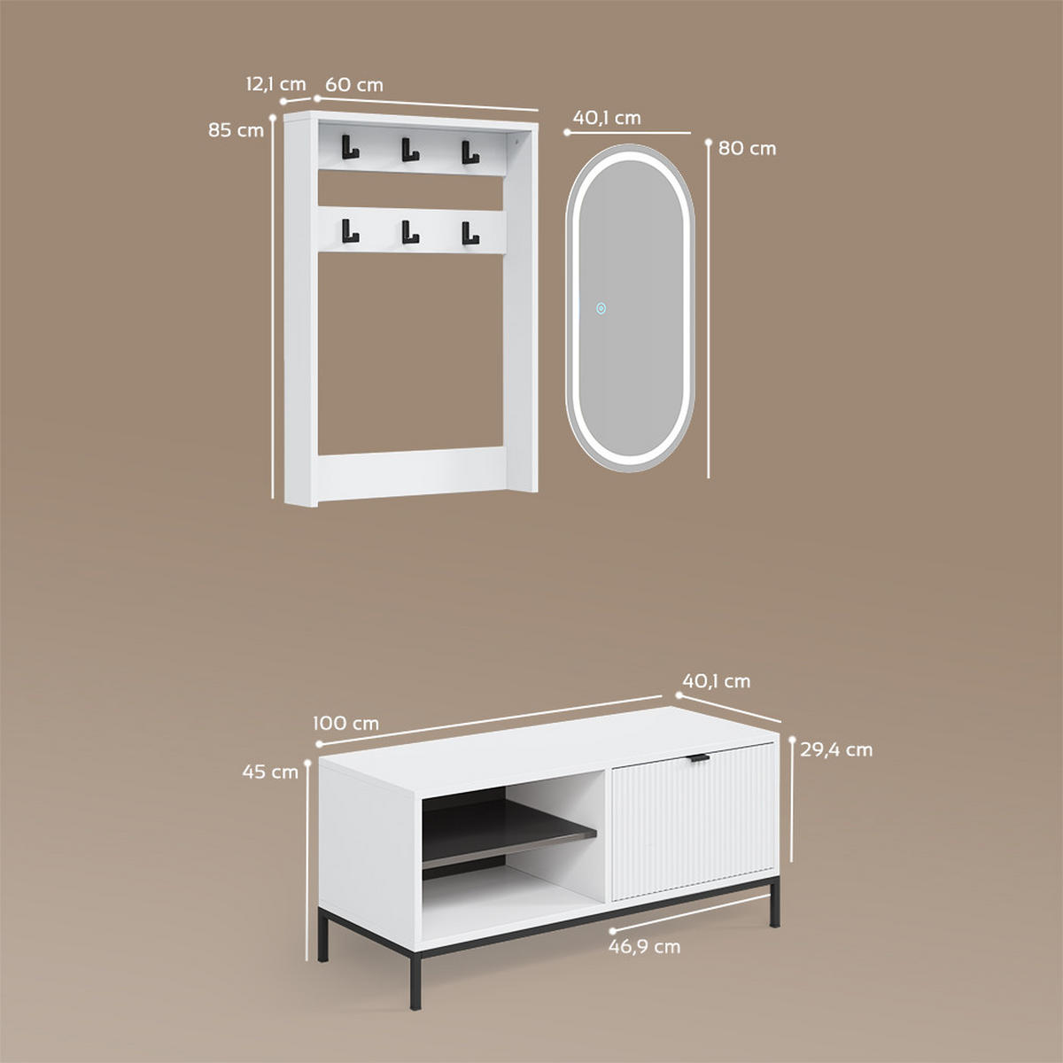 GARDEROBE Aterno Weiß Set, 3 Teile - Weiß, Holzwerkstoff (100/45/40cm) - Livinity®