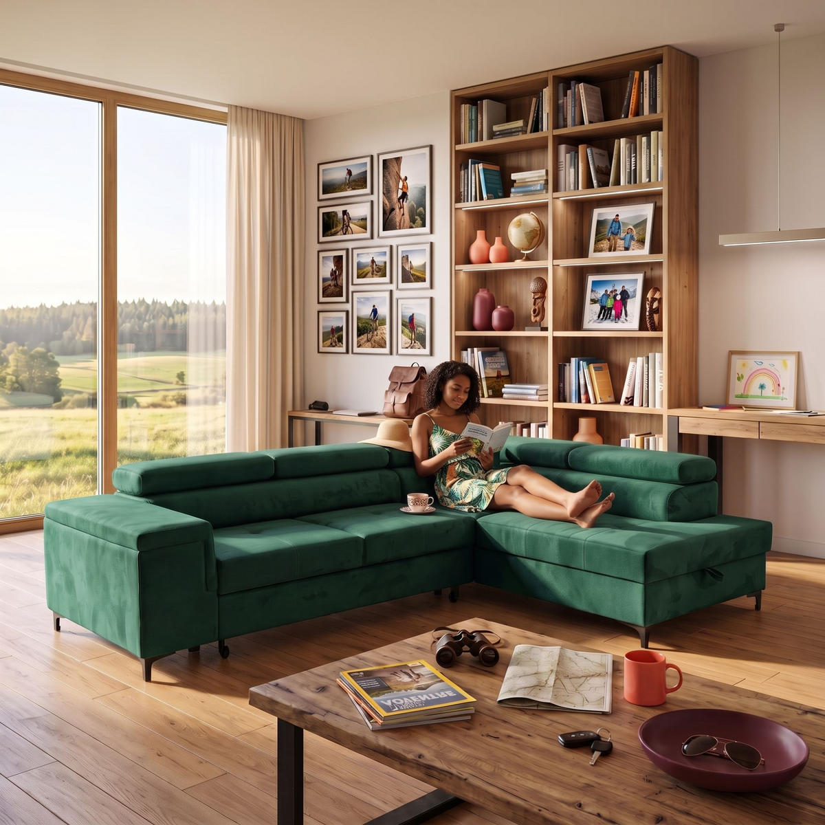 ECKSOFA WILLIAM L Rechts mit Schlaffunktion 127x195 Velours Grün - Silberfarben/Grün, Holz/Textil (203/275cm) - Muffo
