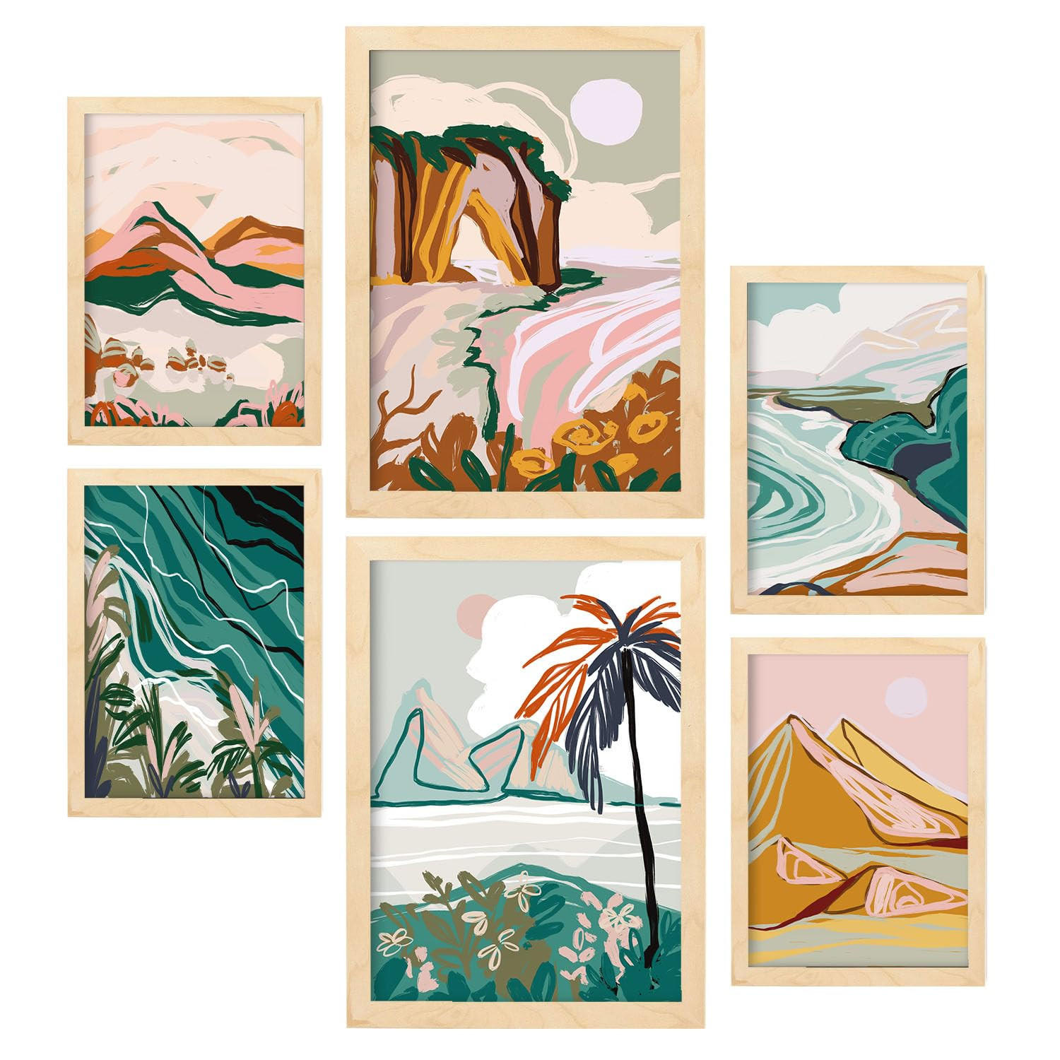 POSTER Set Mit 6 Komplexe Natur 3 A3 & A4 Rahmen Aus Hellem Holz - Beige, Papier (29/3cm) - Nacnic