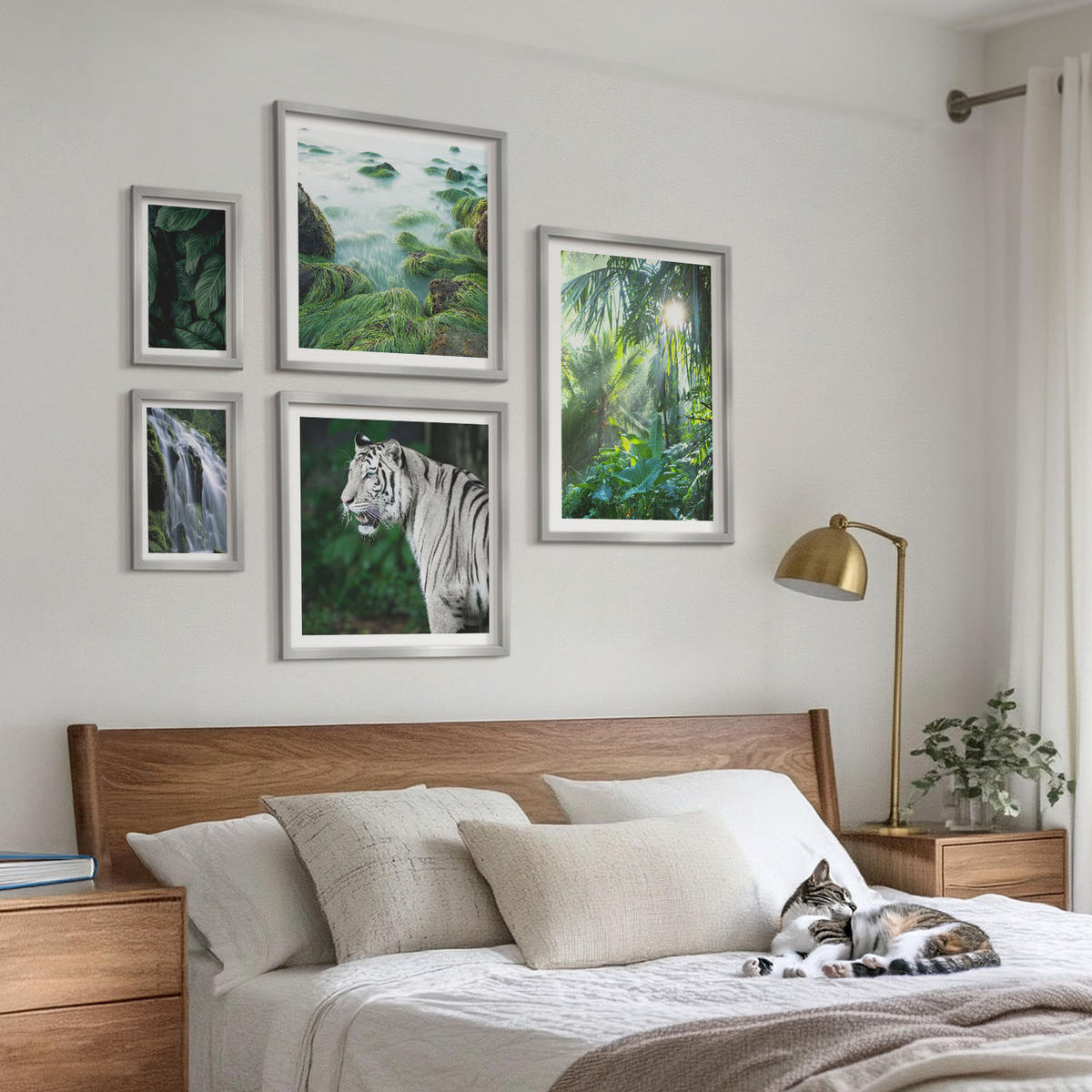 WANDBILDER 5er Set - 50x50 cm & 20x30 cm & 40x60 cm Silberner Rahmen - Blätter und Blüten in verschiedenen Farben - Silberfarben, Kunststoff (40/60cm) - ArtPrintCave